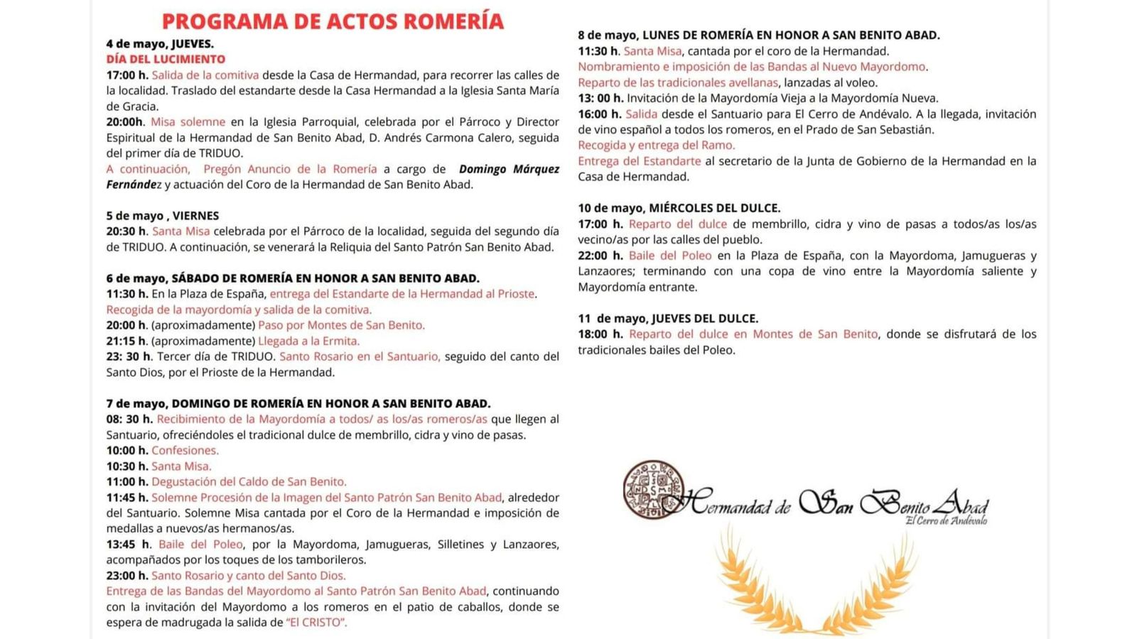 Programación de los actos de la Romería