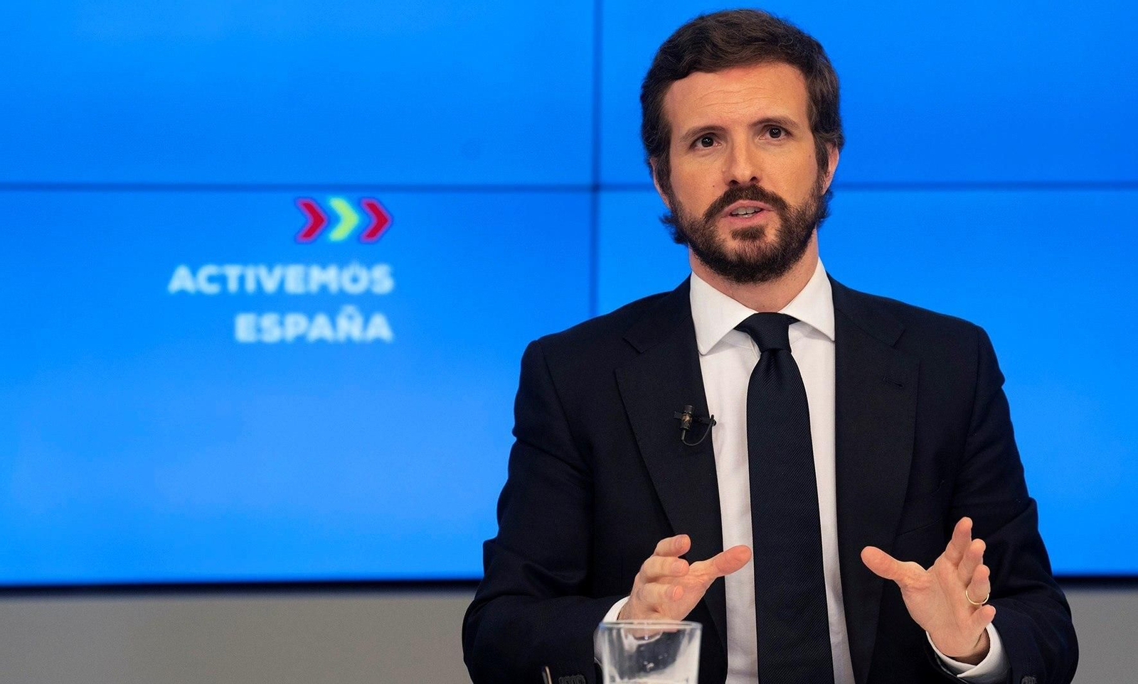 El líder del PP, Pablo Casado, durante la rueda de prensa telemática que ha ofrecido este martes en Madrid.
