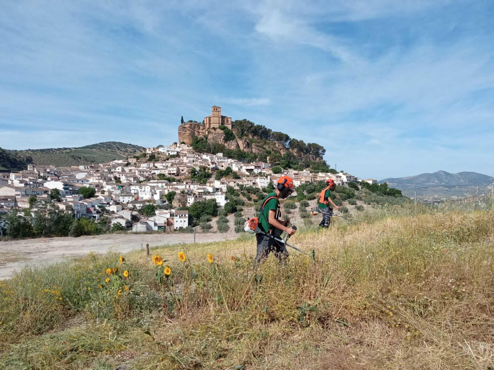 Dos trabajadores realizan labores de desbroce frente a la localidad de Montefrío