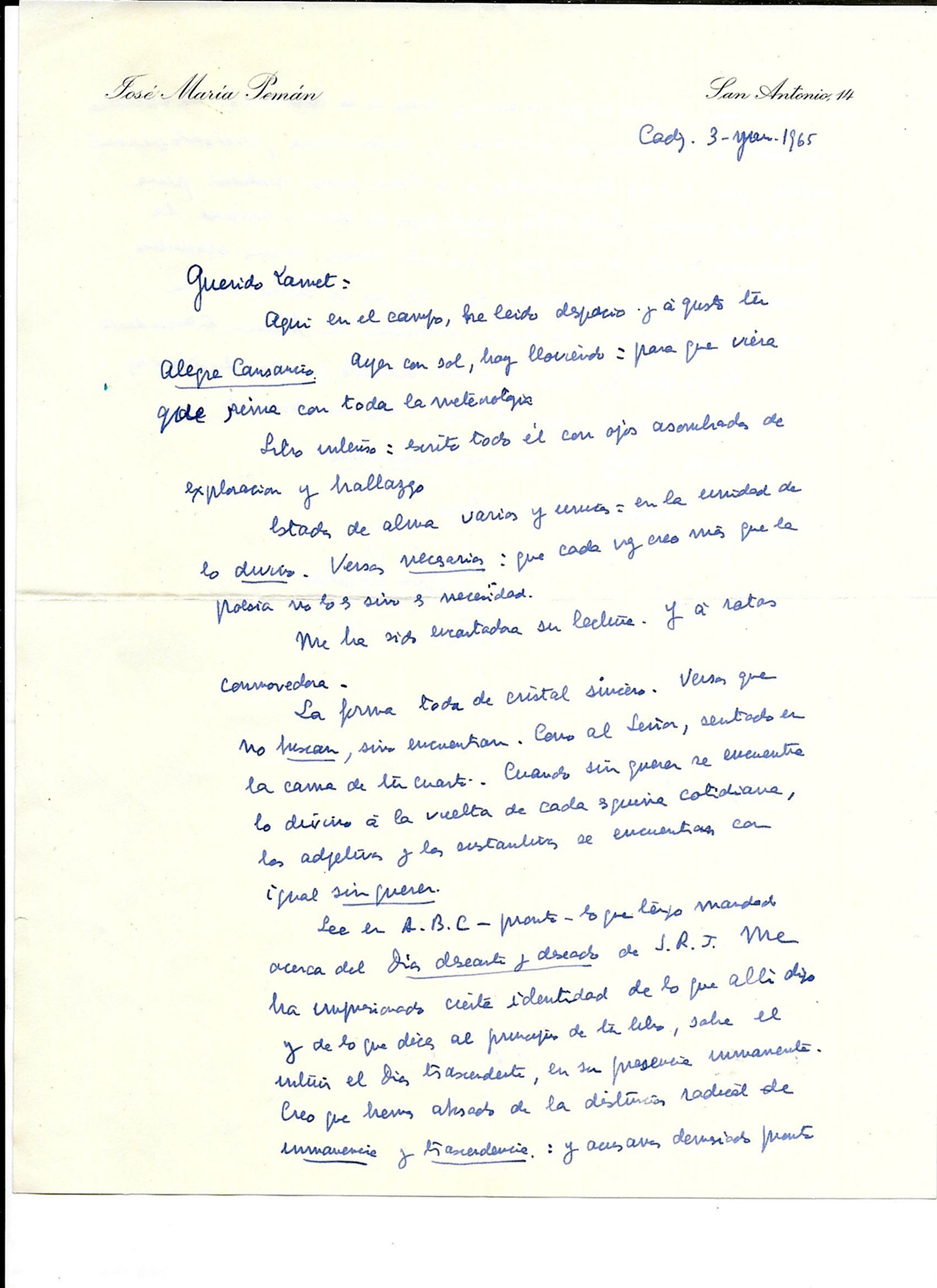 Primera parte de la carta escrita por Pemán a Pedro Miguel Lamet, con fecha en el encabezamiento de 1965.