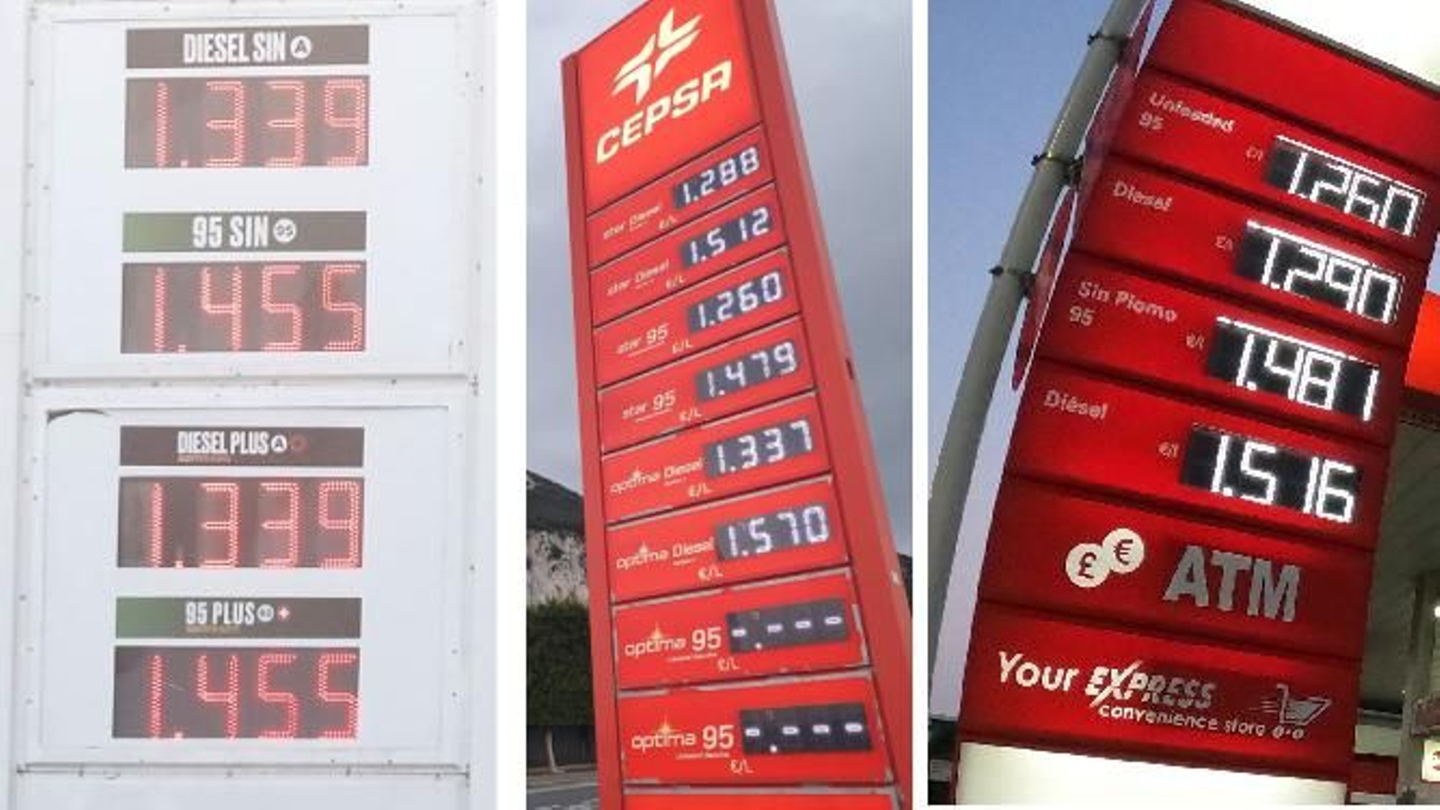 Comparativo de precios en La Línea (izquierda) y Gibraltar (centro y derecha). Comparativo de precios en La Línea (izquierda) y Gibraltar (centro y derecha).