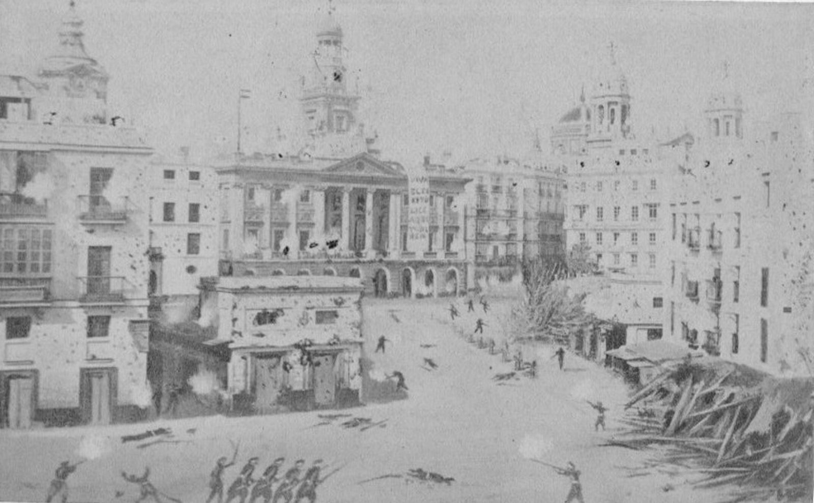 Fotografía de la Plaza de San Juan de Dios por J. Nal, que habría sido editada para añadir todos los destrozos de la batalla, combatientes y elementos revolucionarios tal y como fueron descritos en los testimonios del momento.