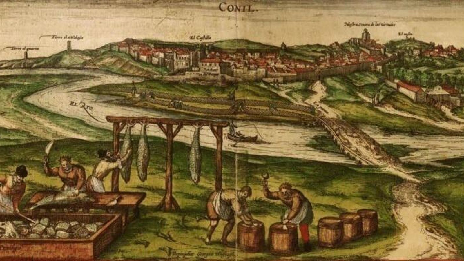 Preparación del pescado en la almadraba de Conil (Hoefnagel, 1575). Preparación del pescado en la almadraba de Conil (Hoefnagel, 1575).