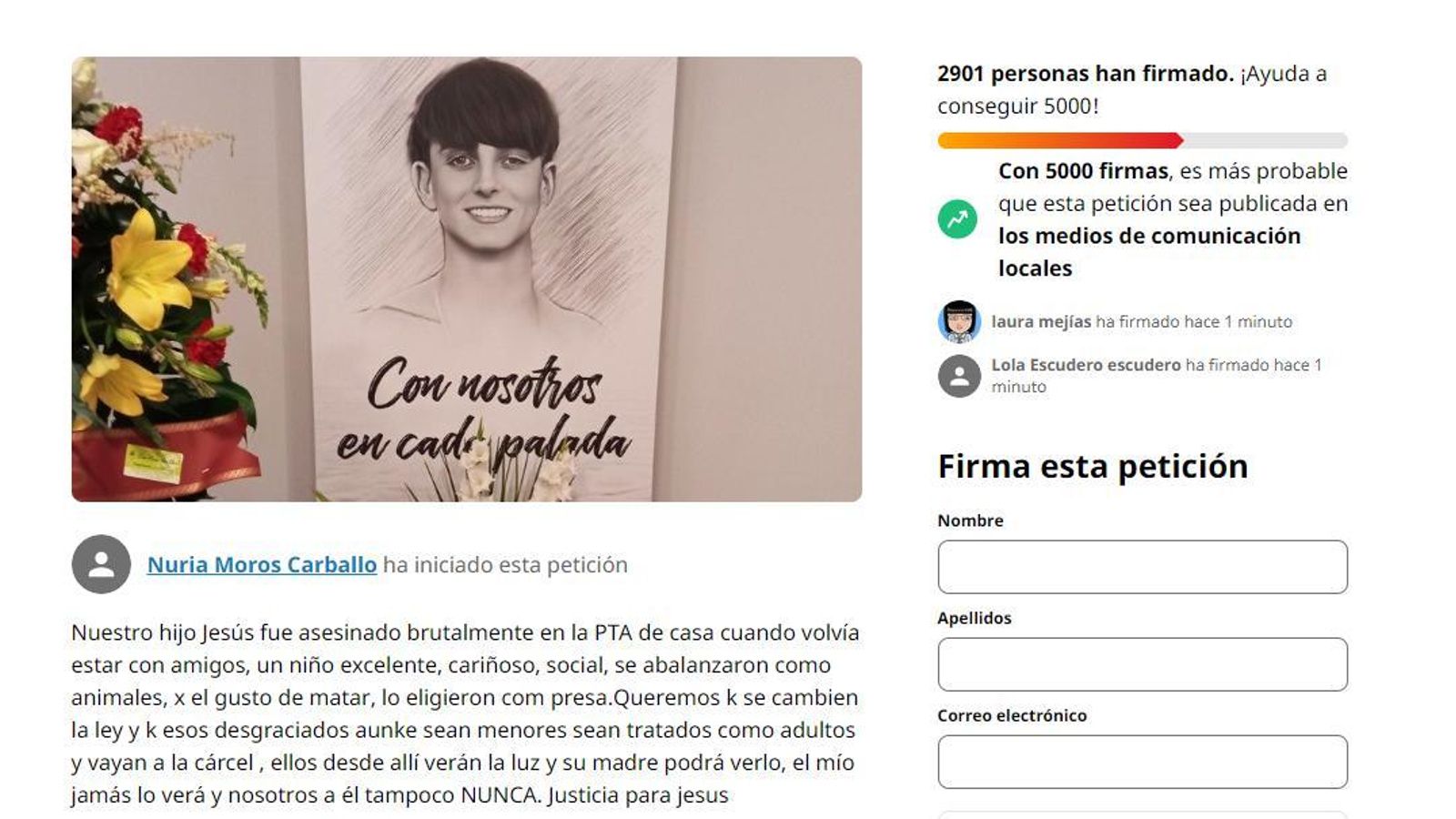 Captura del mensaje publicado en 'change.org'.