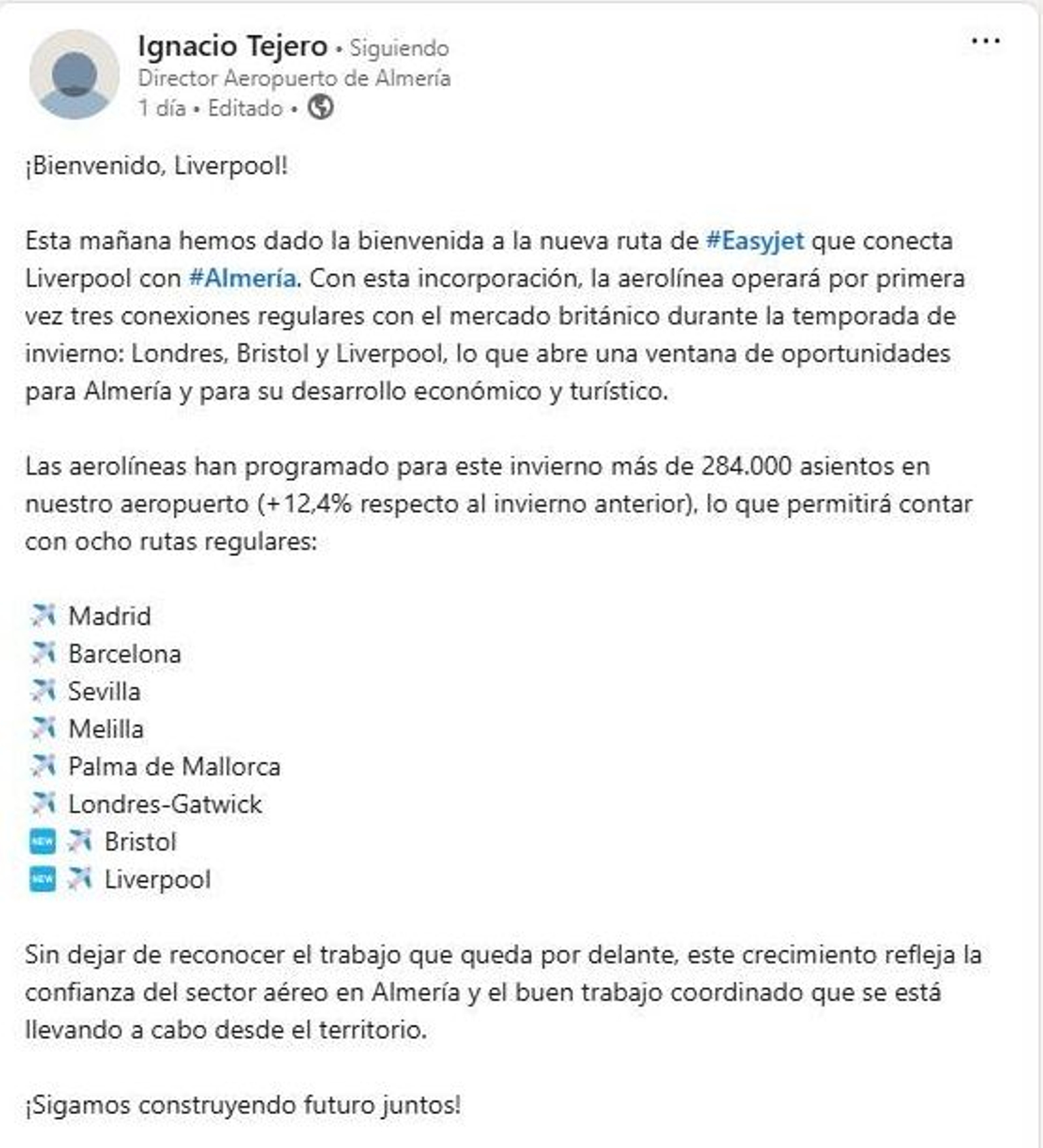 Captura del mensaje en Linkedin de Ignacio Tejero, explicando estos datos.