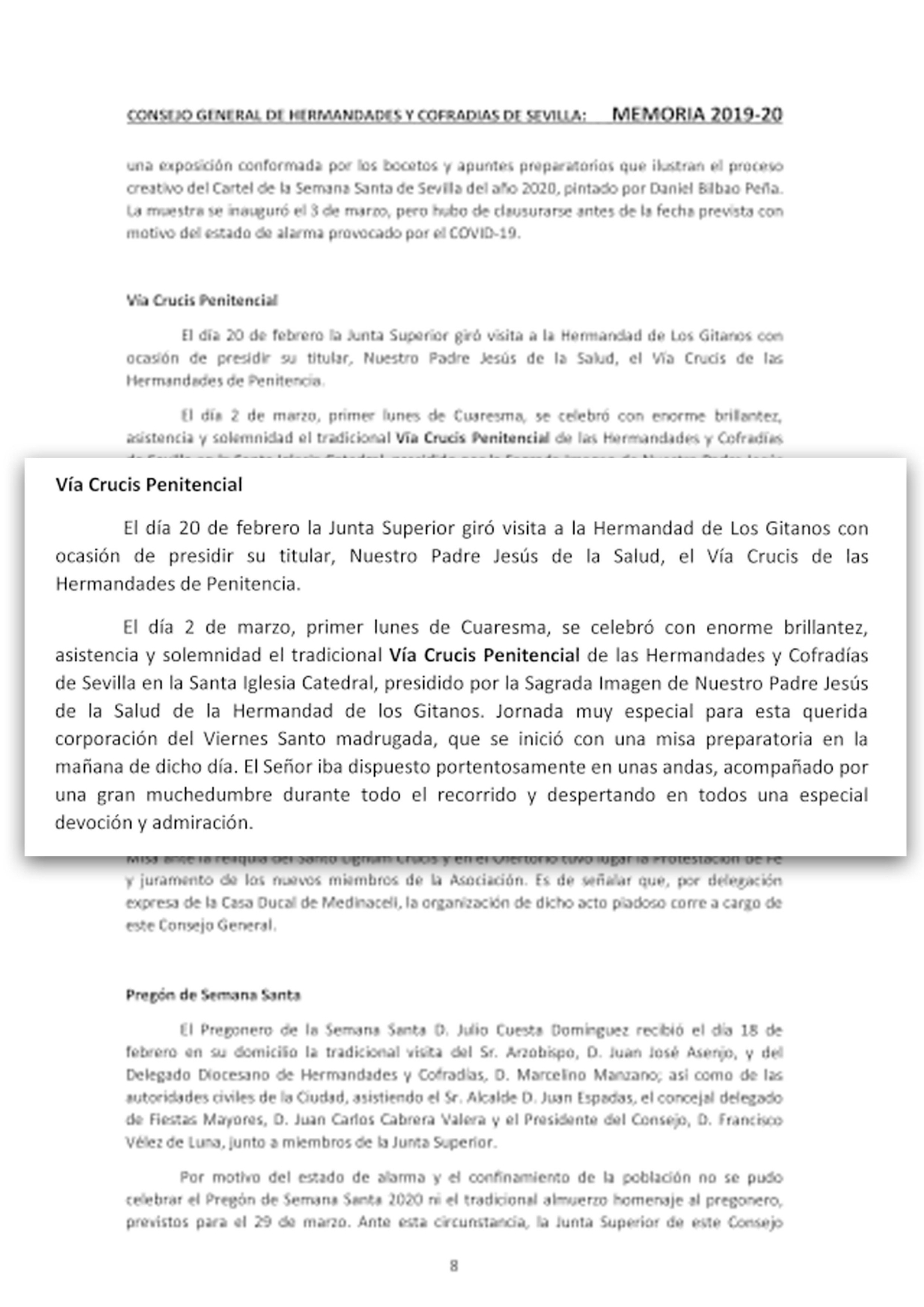 Extracto de la memoria del curso 2019/20, donde sí se refleja la celebración del Vía Crucis anual