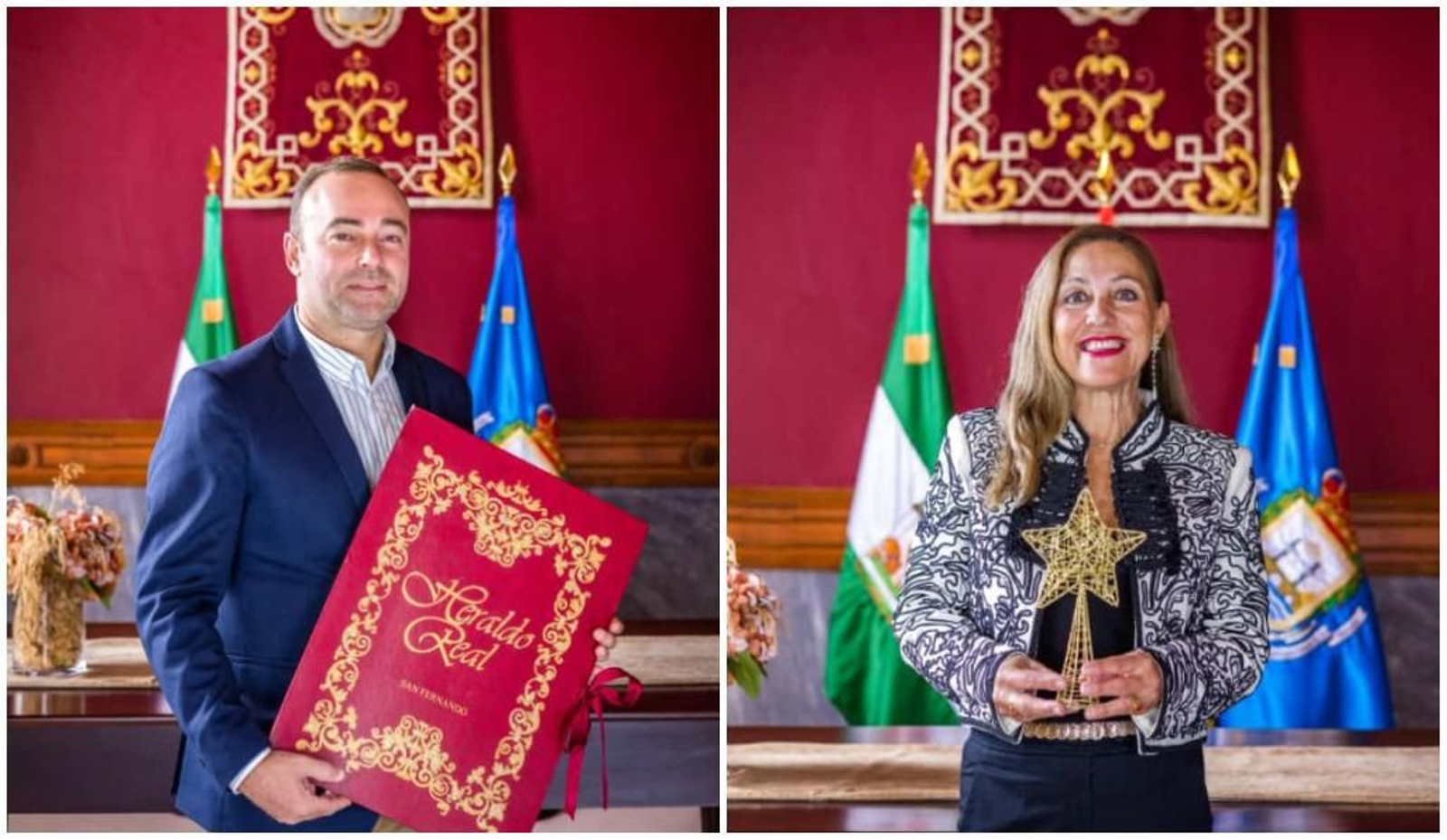 De izquierda a derecha, Javier Padillo (Heraldo Real) y María del Rosario Benítez (Estrella de Oriente) en San Fernando