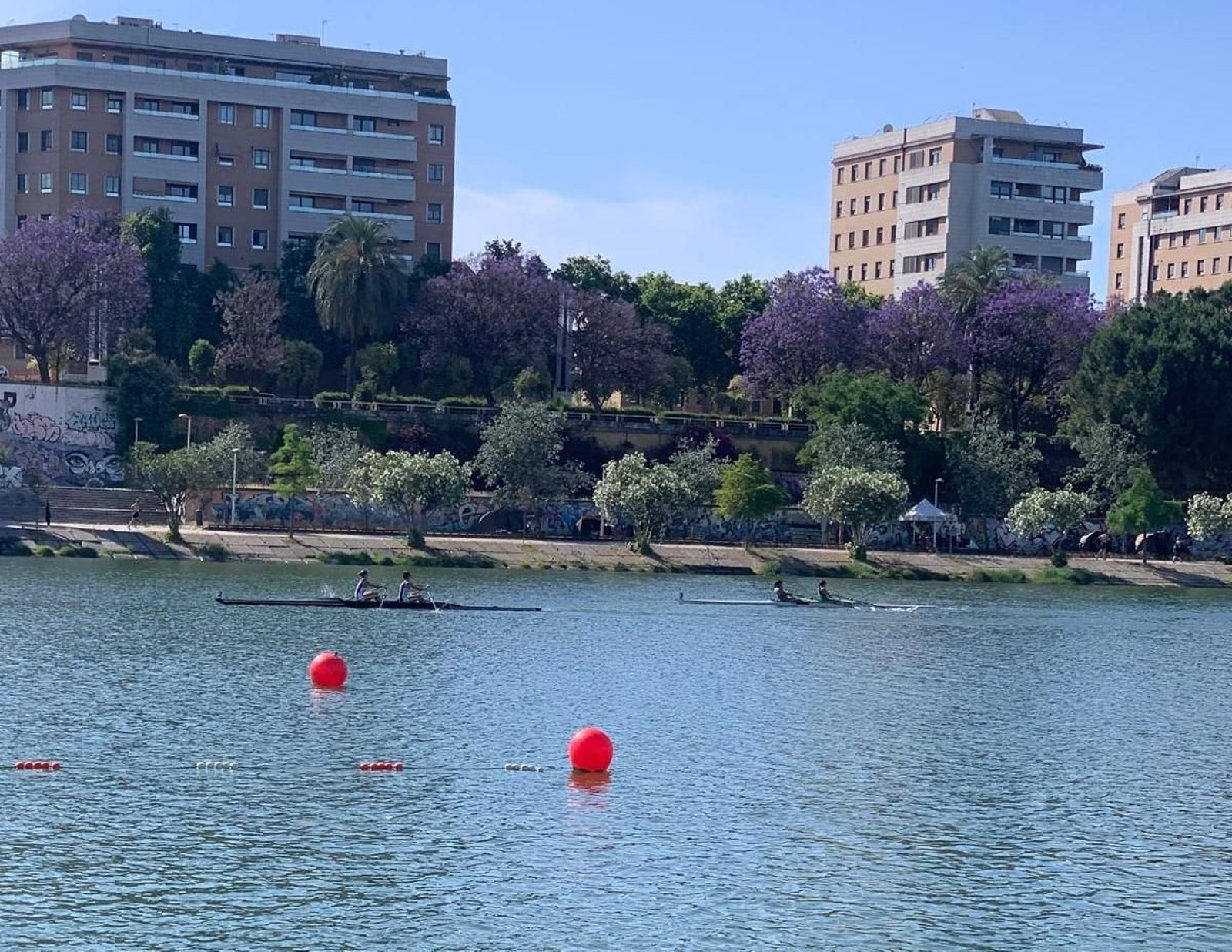 Dos de los equipos participantes durante el transcurso de una de las pruebas del Campeonato de Andalucía de barcos largos de remo.
