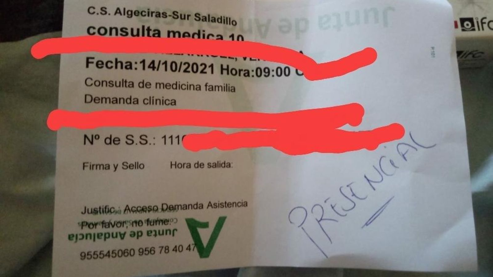 Una cita para el 14 de octubre en el centro de salud de El Saladillo. Una cita para el 14 de octubre en el centro de salud de El Saladillo.