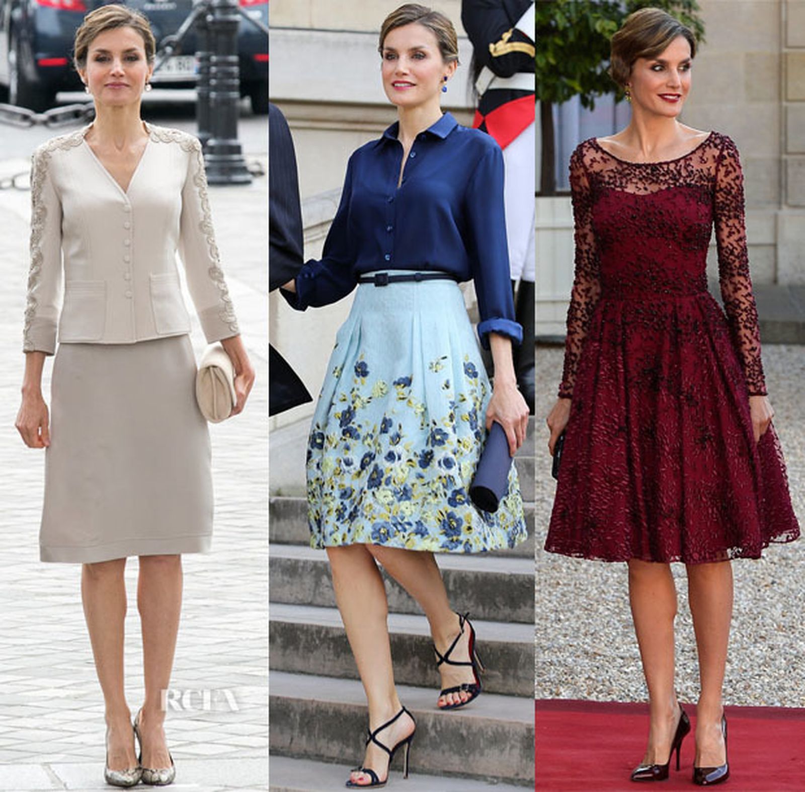 La Reina con tres looks diferentes.