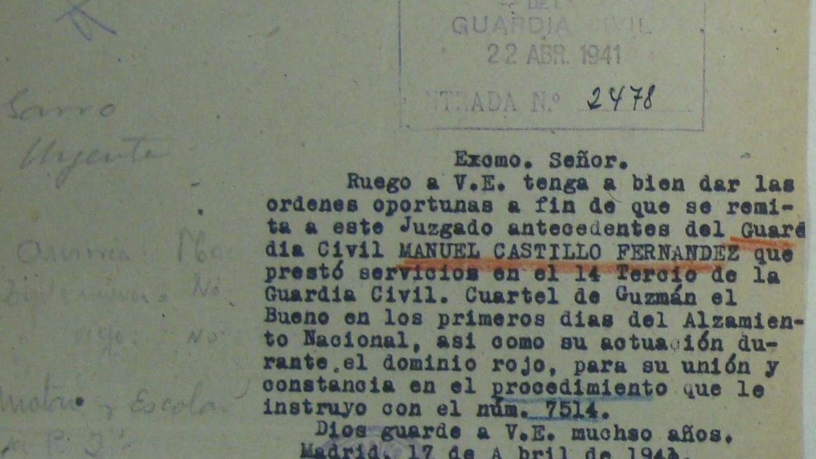 Informe sobre el guardia civil Castillo. Informe sobre el guardia civil Castillo.