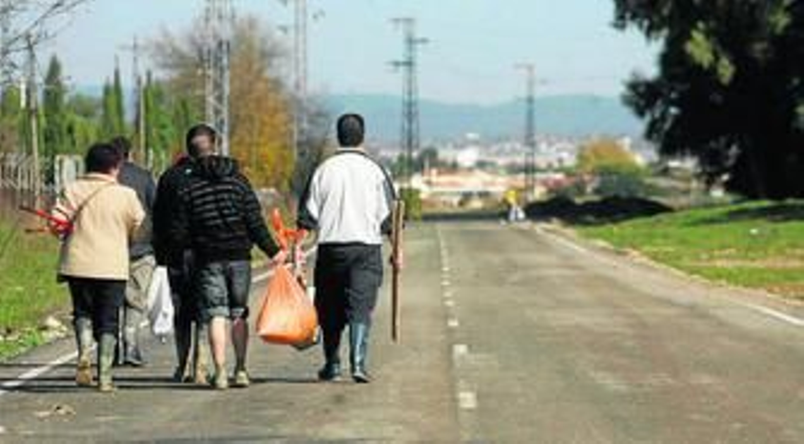 Un grupo de personas vuelve de limpiar su vivienda en la zona de Guadalvalle, ayer.