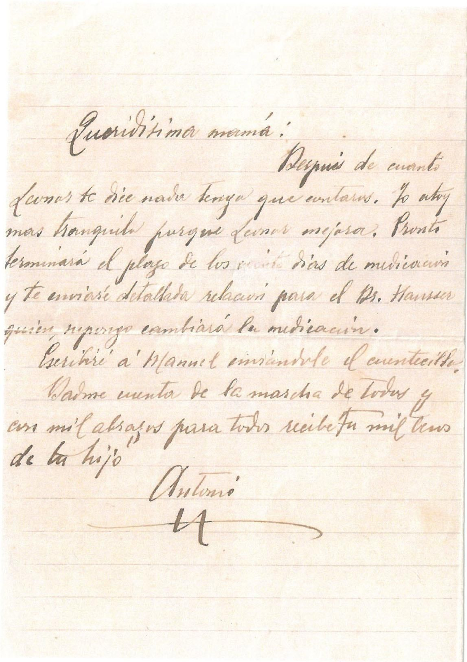 Carta a su madre firmada por Antonio Machado.
