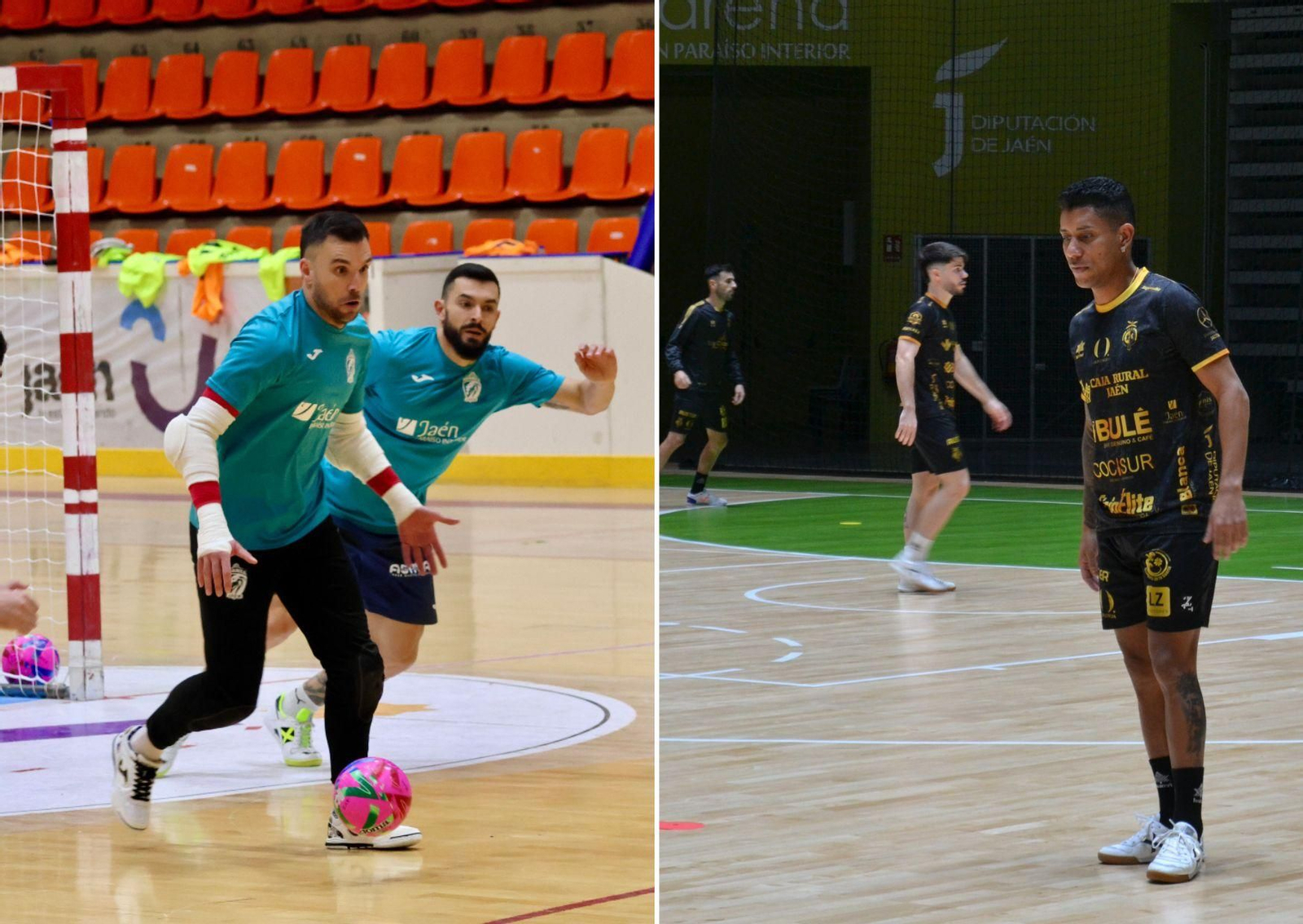 Cone y Giasson, de Avanza, y Zurdo y Bynho, de Jaén FS, en un entrenamiento de sus respectivos equipos.