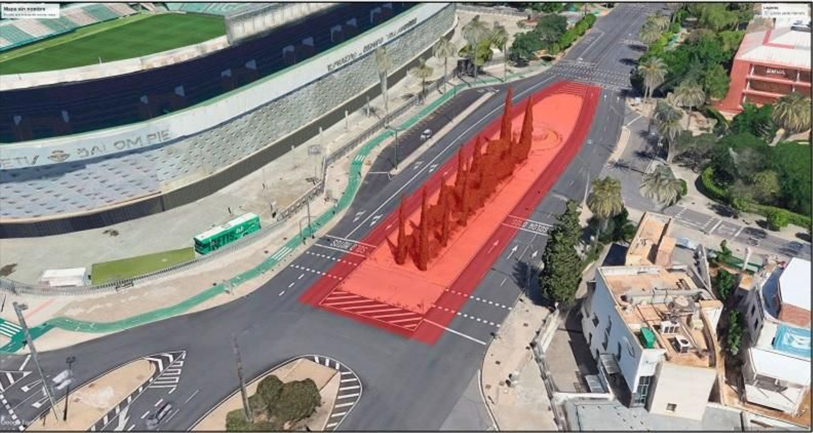 Intercambiador bus-metro propuesto en la mediana frente al estadio del Betis. Tendría un acceso directo al Metro.