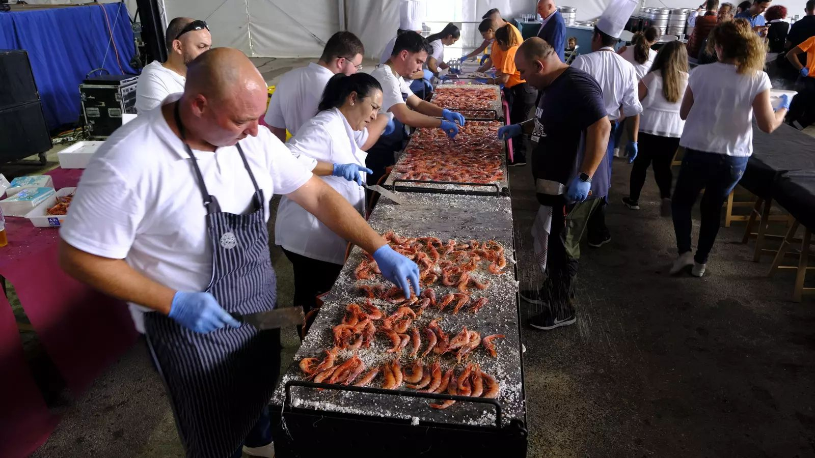 Preparación de la gamba roja en la explanada del puerto de Garrucha.