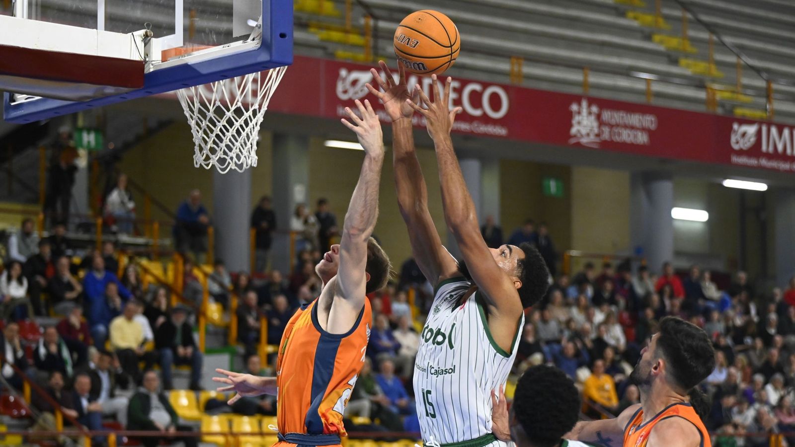 Kevin Schutte pelea por el rebote en un lance del Coto Córdoba-Morón.