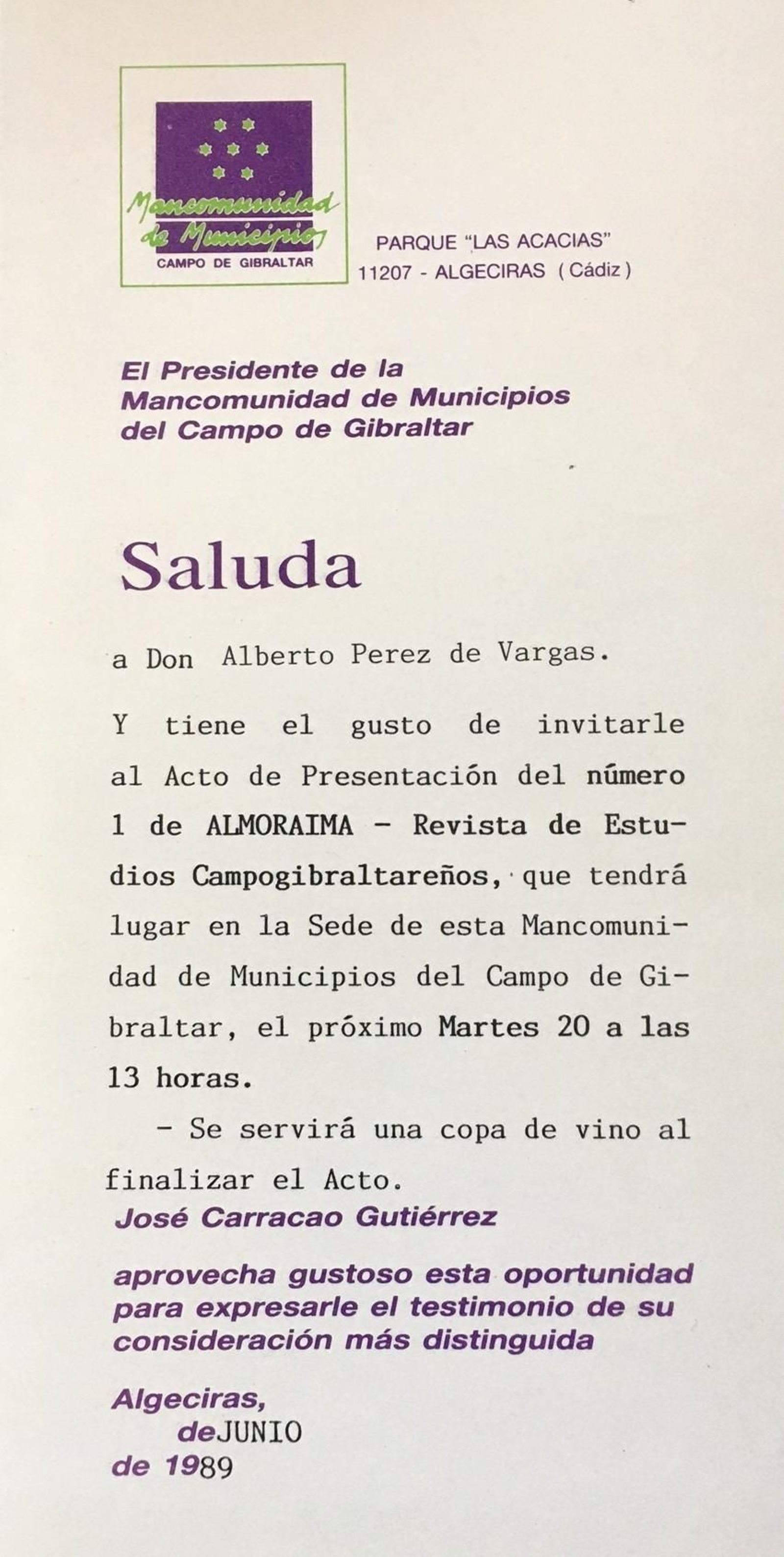 Invitación presentación 'Almoraima' (Junio 1989).