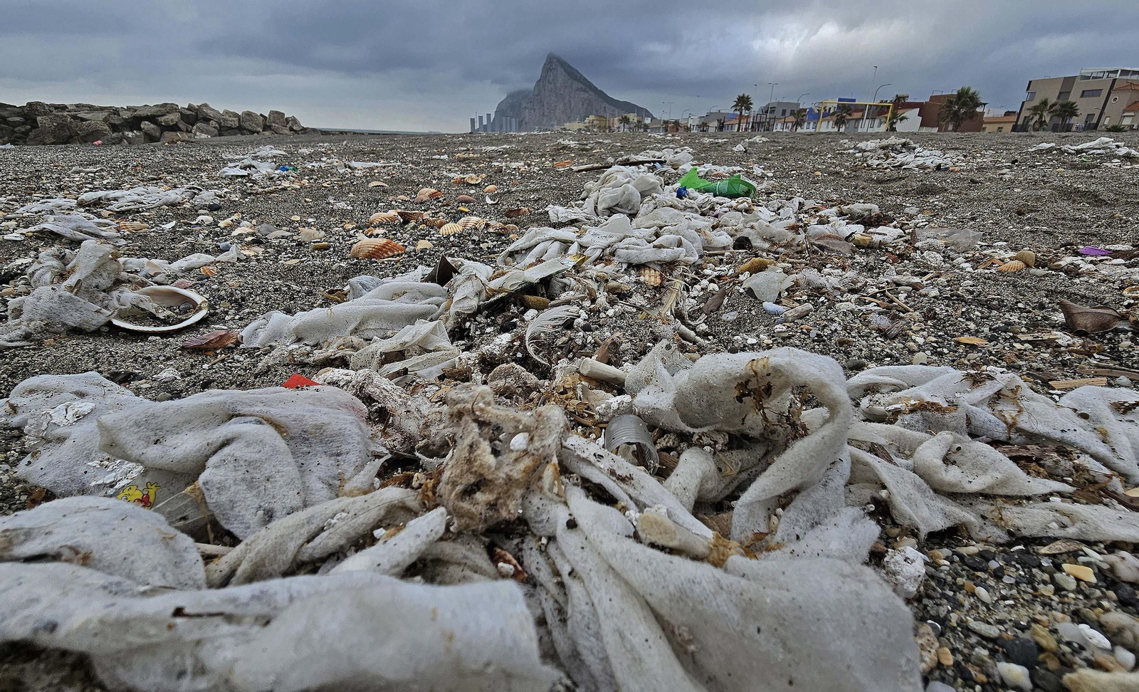 Las toallitas acumuladas en la playa de Levante de La Línea, en imágenes
