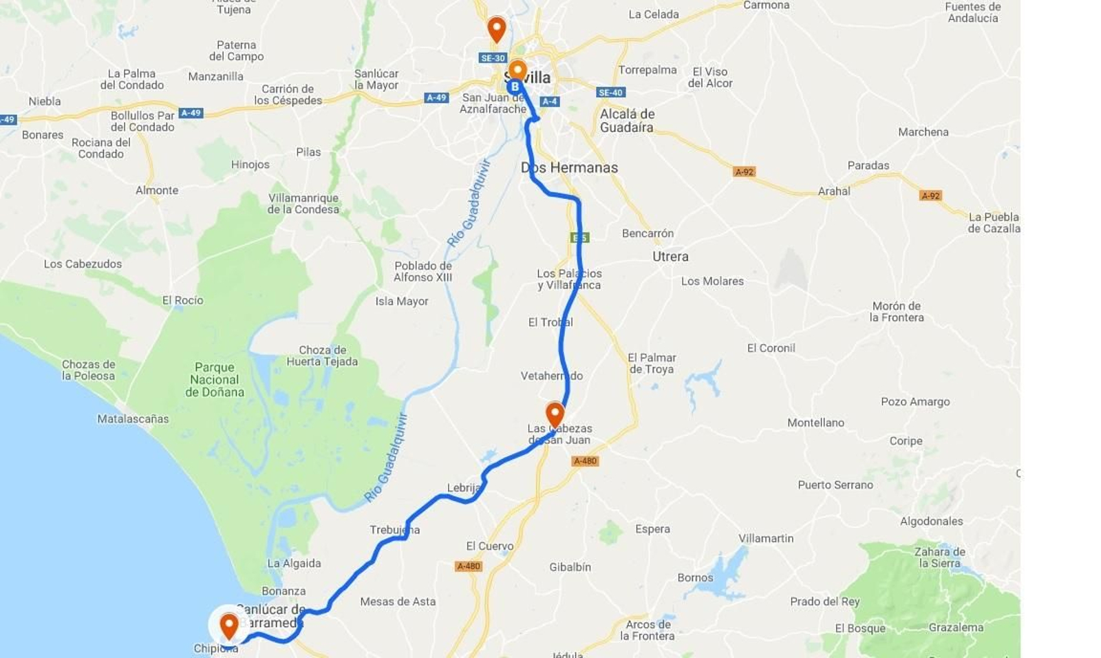Recorrido de la persecución policial entre Cádiz y Sevilla
