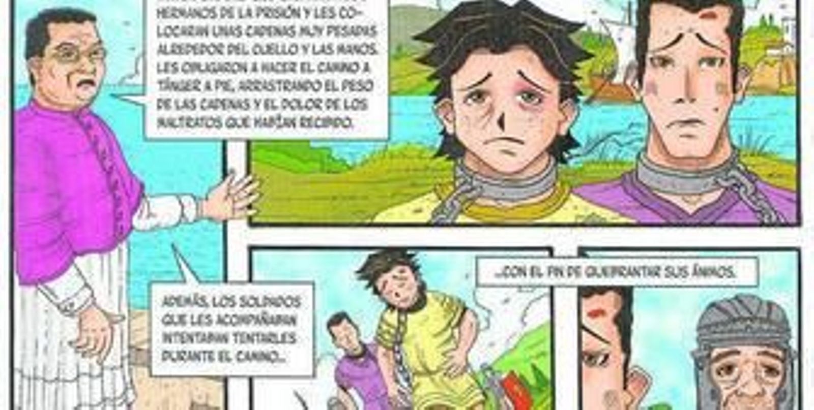 Reproducción de algunas escenas del cómic, con el canónigo que hace de hilo conductor y los patronos.