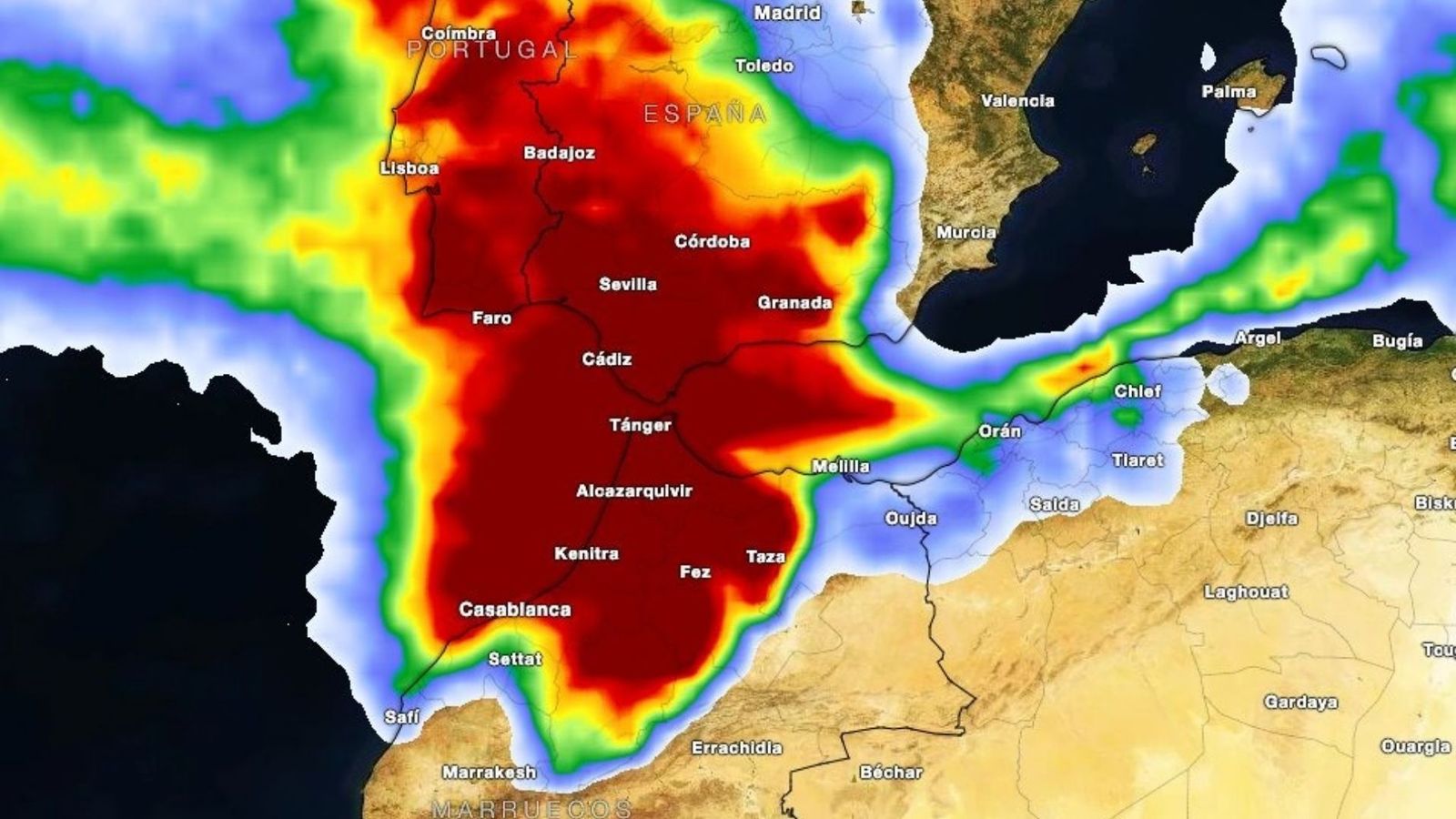 En rojo, las zonas más castigadas por la borrasca Leonardo a partir de las 23:00 de este martes, 3 de febrero.