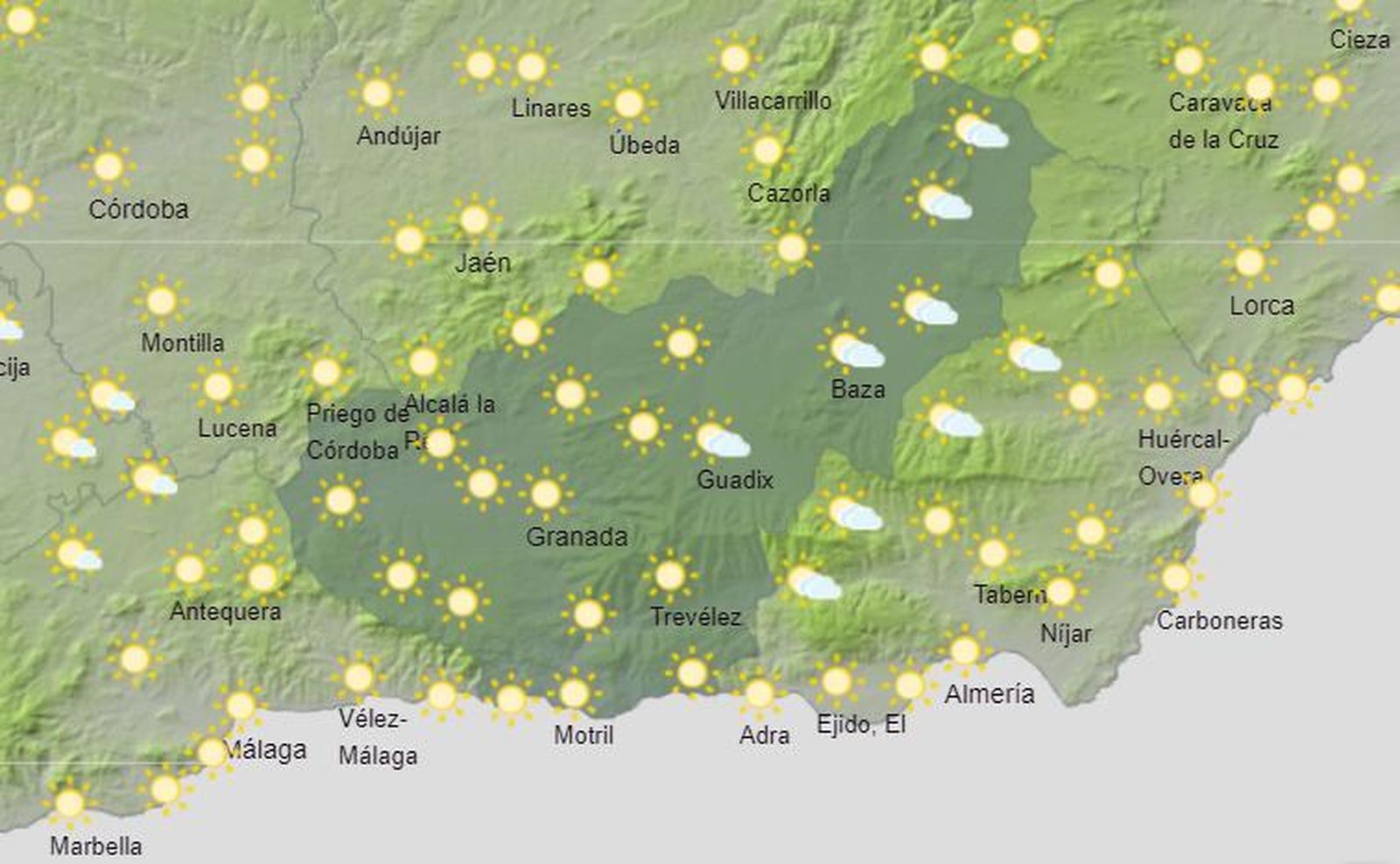 Mapa de previsión del tiempo para el sábado 28 de mayo en Granada