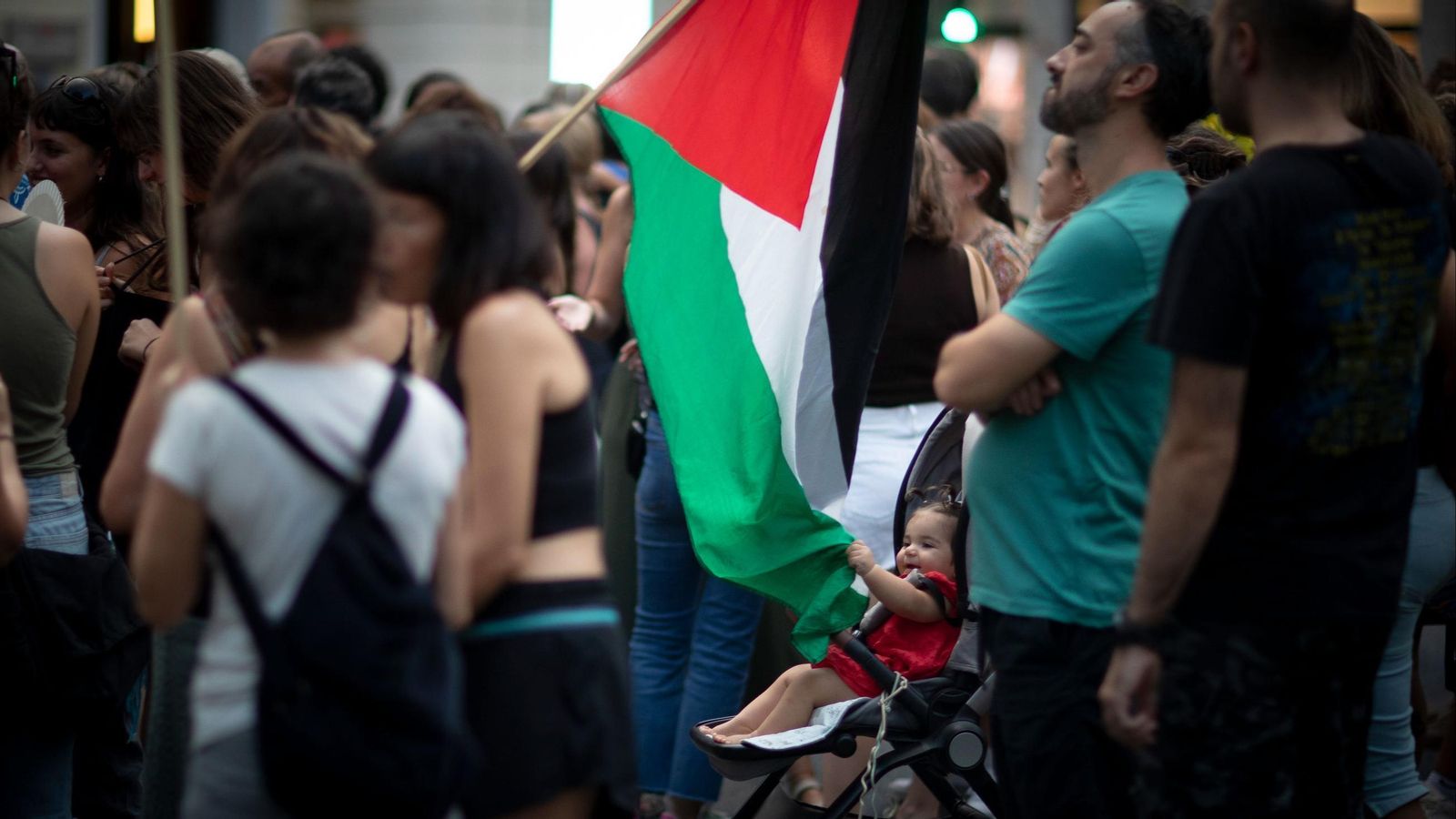 Una niña agarra una bandera palestina en la marcha a favor de Palestina en Granada