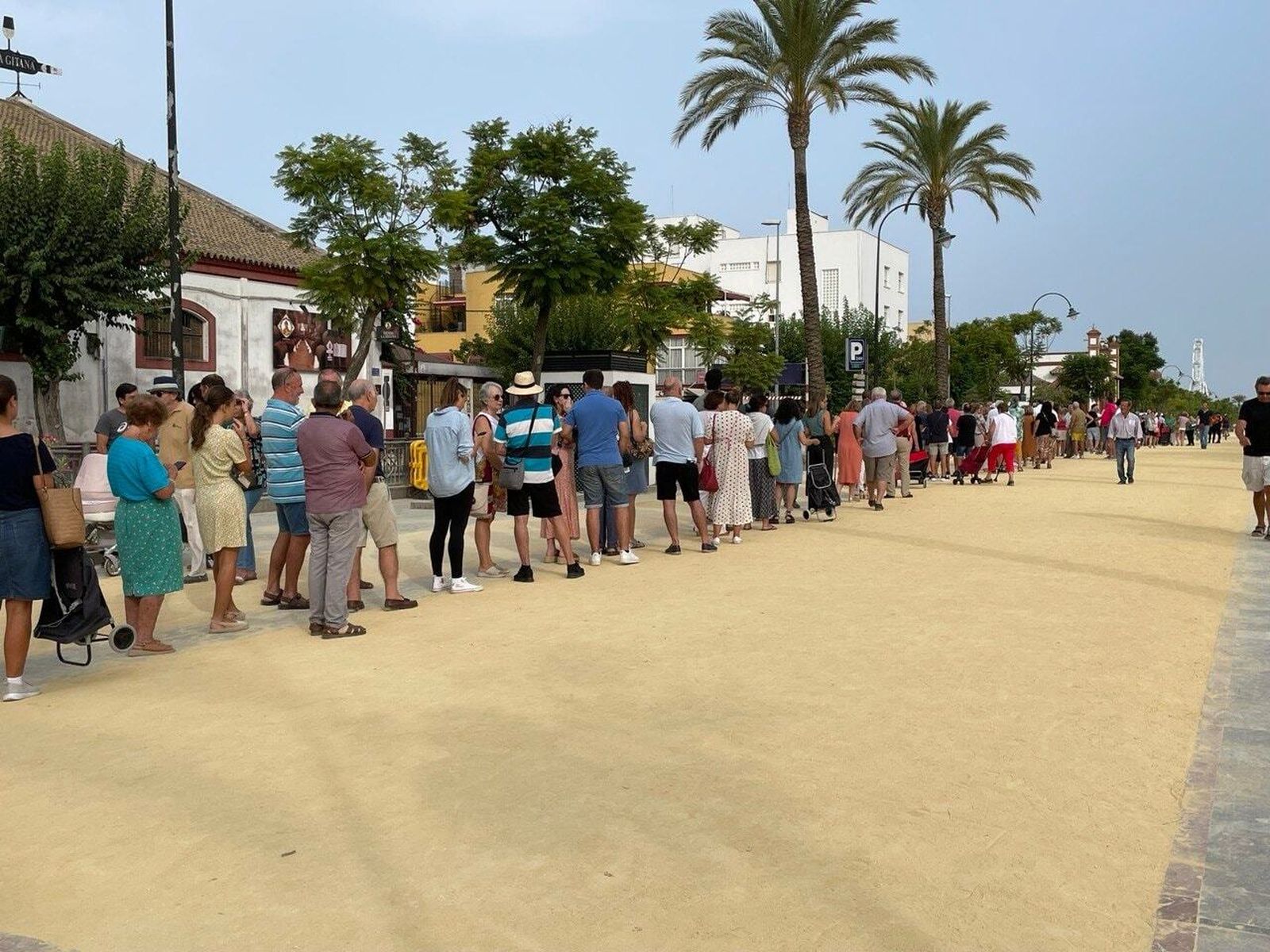 La cola en el paseo de La Calzada para recoger invitaciones para el concierto 'Magallanes. Réquiem in memoriam', que se celebrará el 6 de septiembre en Sanlúcar.