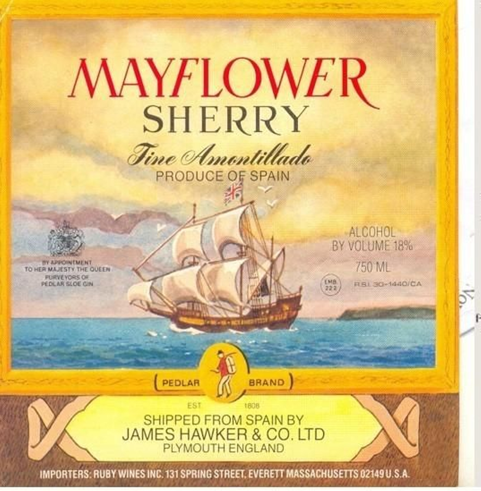 Etiqueta de jerez con el famoso barco Mayflower.