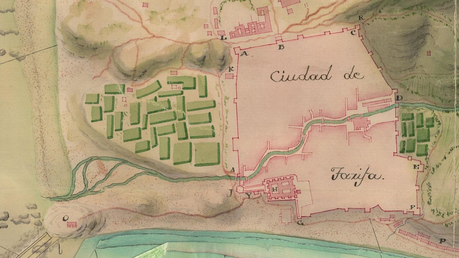 Plano de Tarifa hacia 1770. El arroyo cruza la población para desembocar en Los Lances.