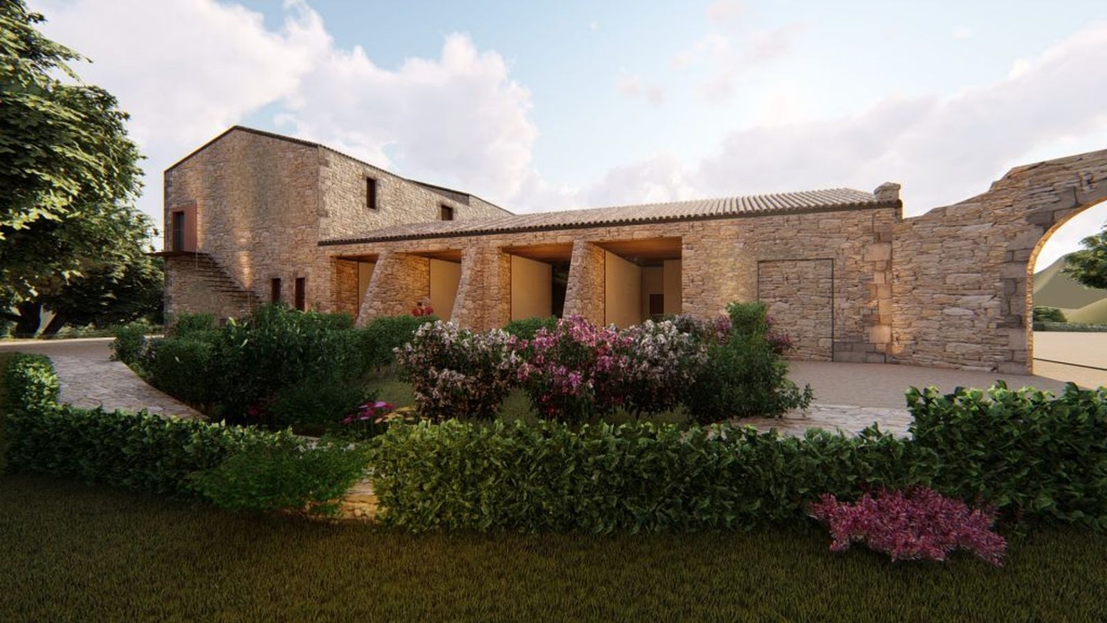 Recreación del edificio del hotel y la jardinería.