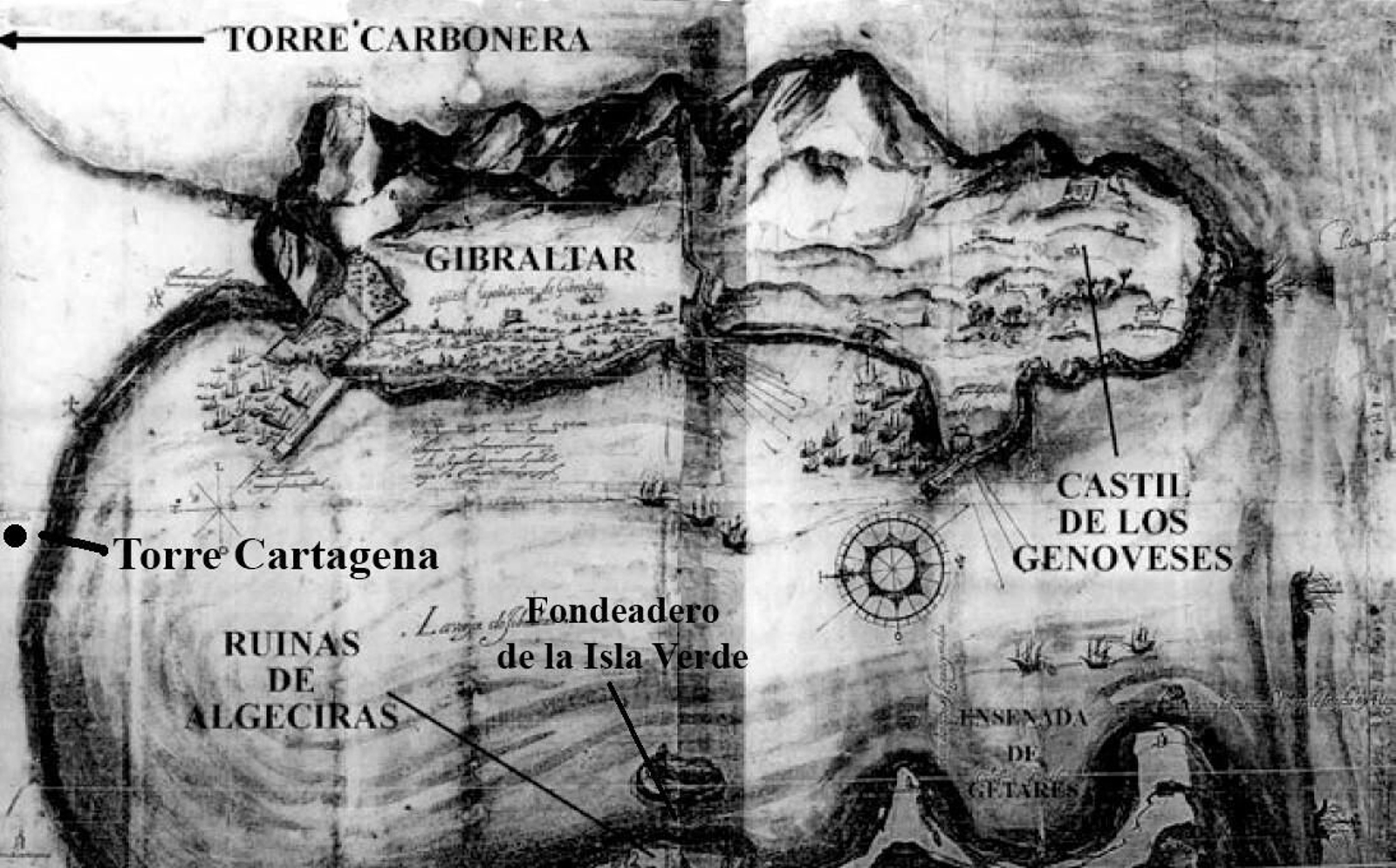 La Bahía de Algeciras, Gibraltar y algunos de los topónimos que aparecen en el texto y en la Crónica del rey Juan II que describen la batalla naval de torre Carbonera.