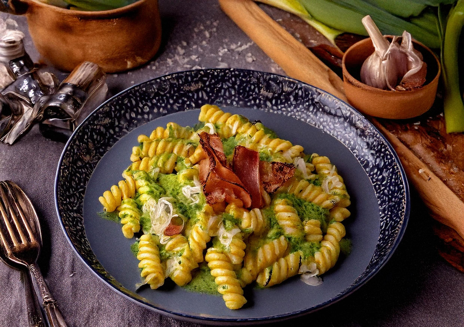 Pasta con crema de puerros y jamón crujiente: receta fácil, cremosa y llena de sabor
