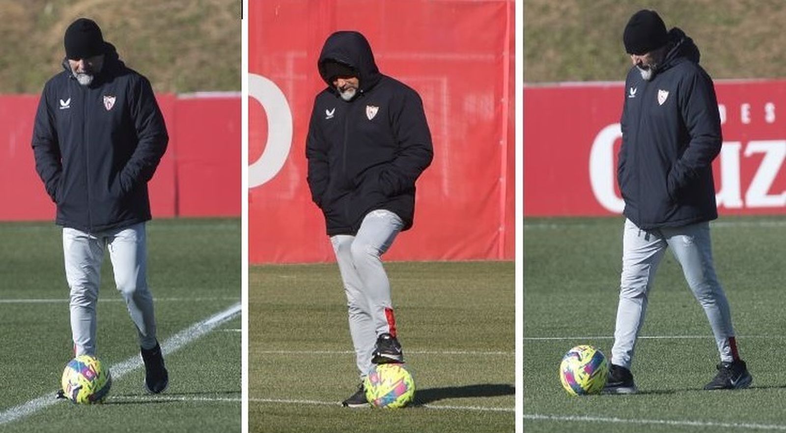 Diferentes imágenes de Sampaoli en los entrenamientos del Sevilla.