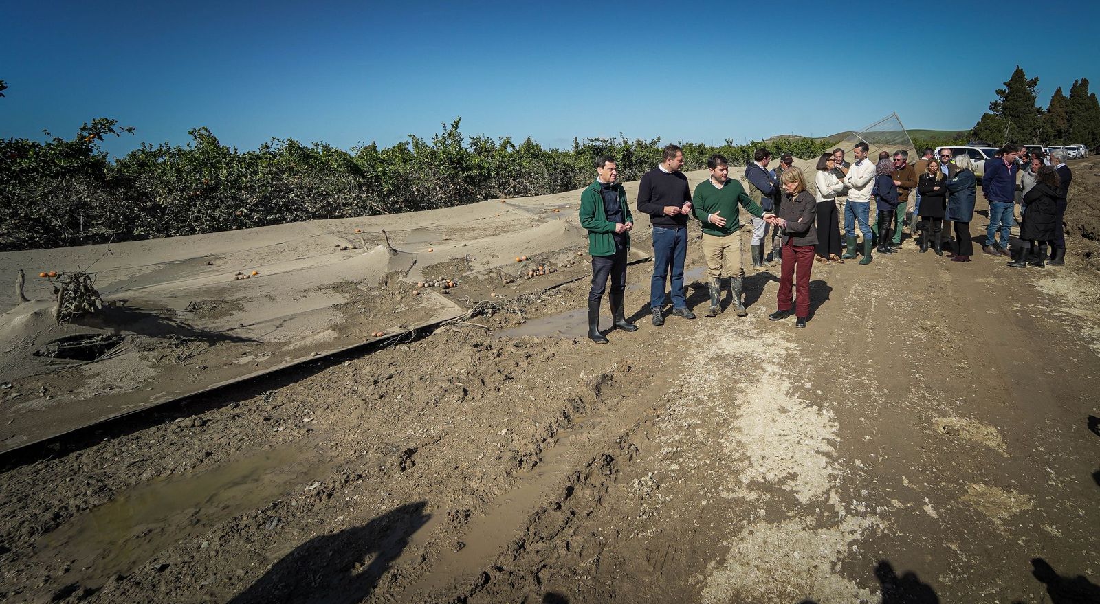 Imágenes de la visita de Juanma Moreno y el comisario europeo de Agricultura a los campos afectados por el temporal en Jerez