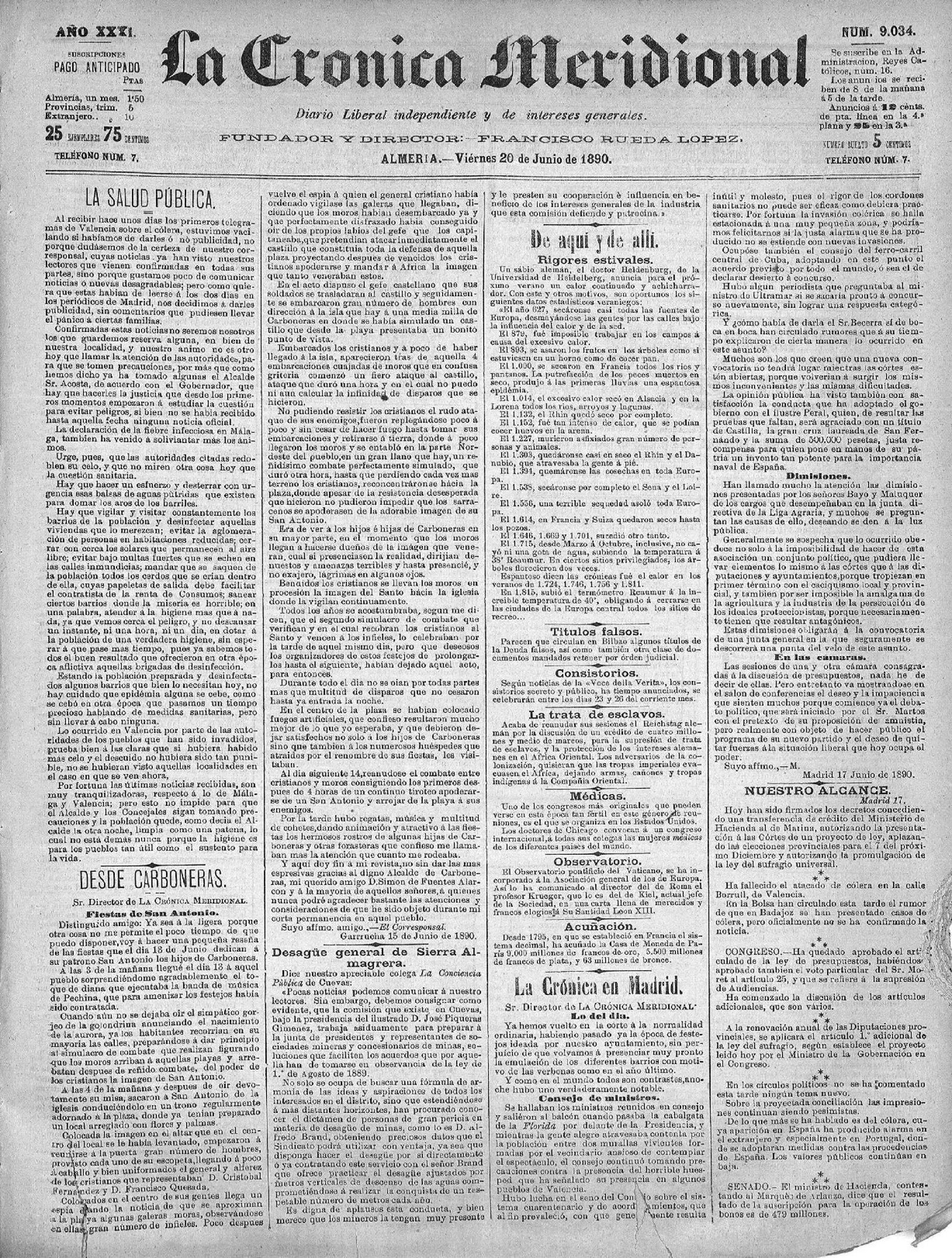 Publicación de "La crónica meridional" el 20 de junio de 1890.