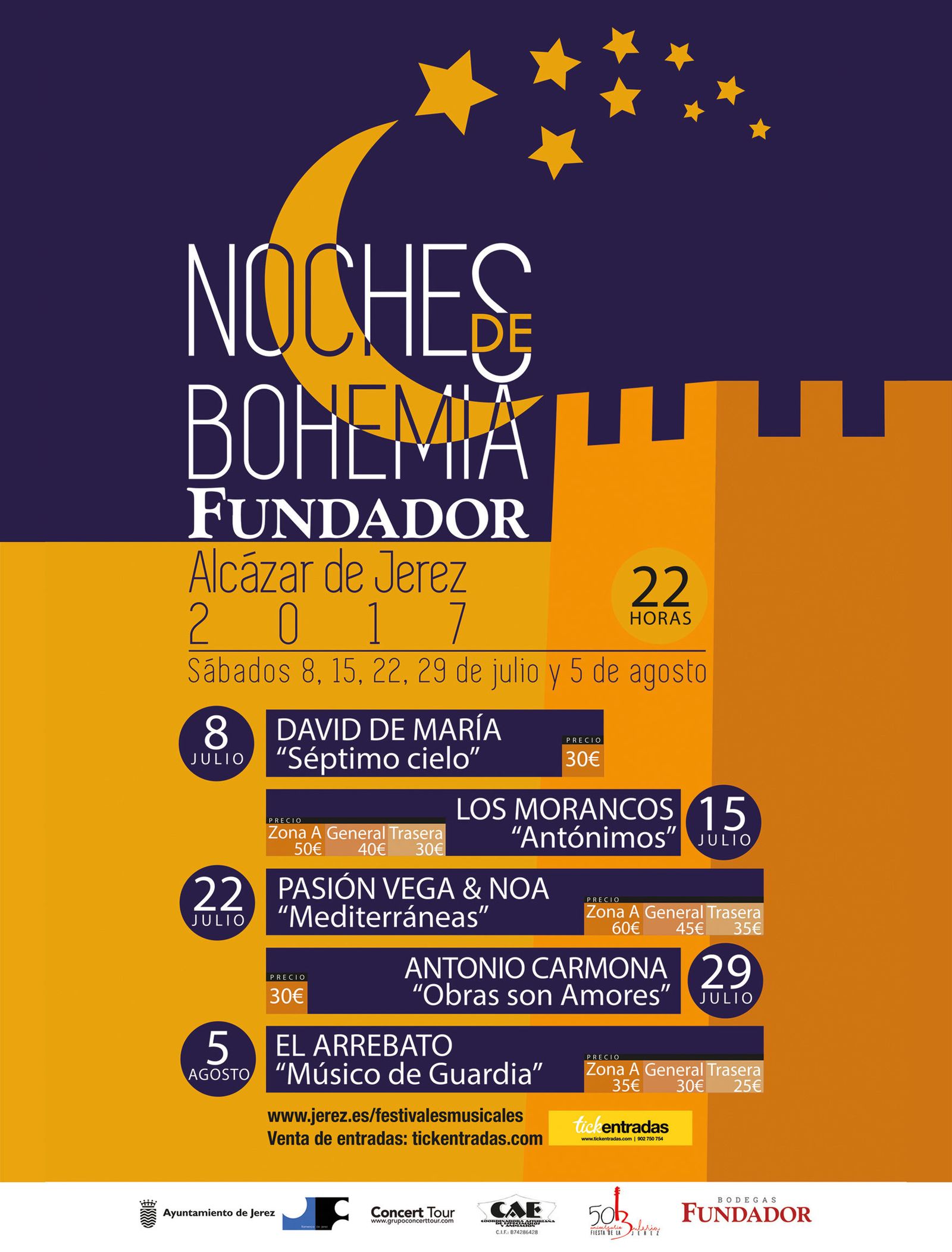 Cartel de actuaciones de 'Noches de Bohemia Fundador'.
