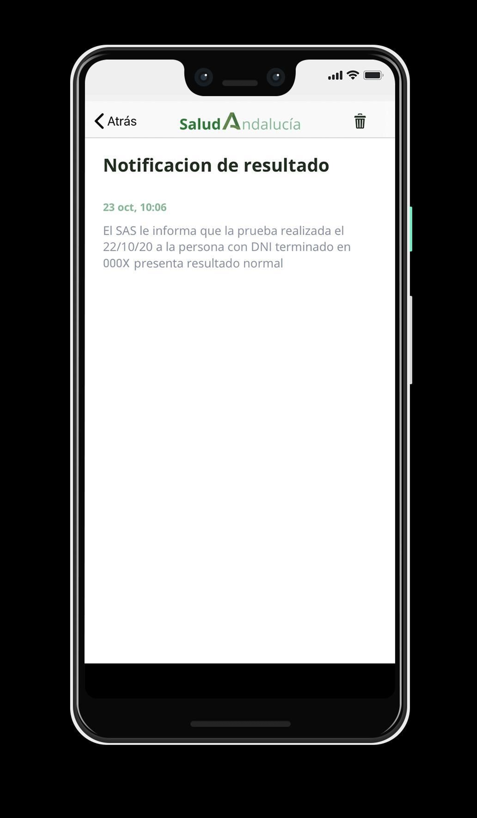 Este es el mensaje que recibirán las personas que tengan instalada y activa la app Salud Andalucía.