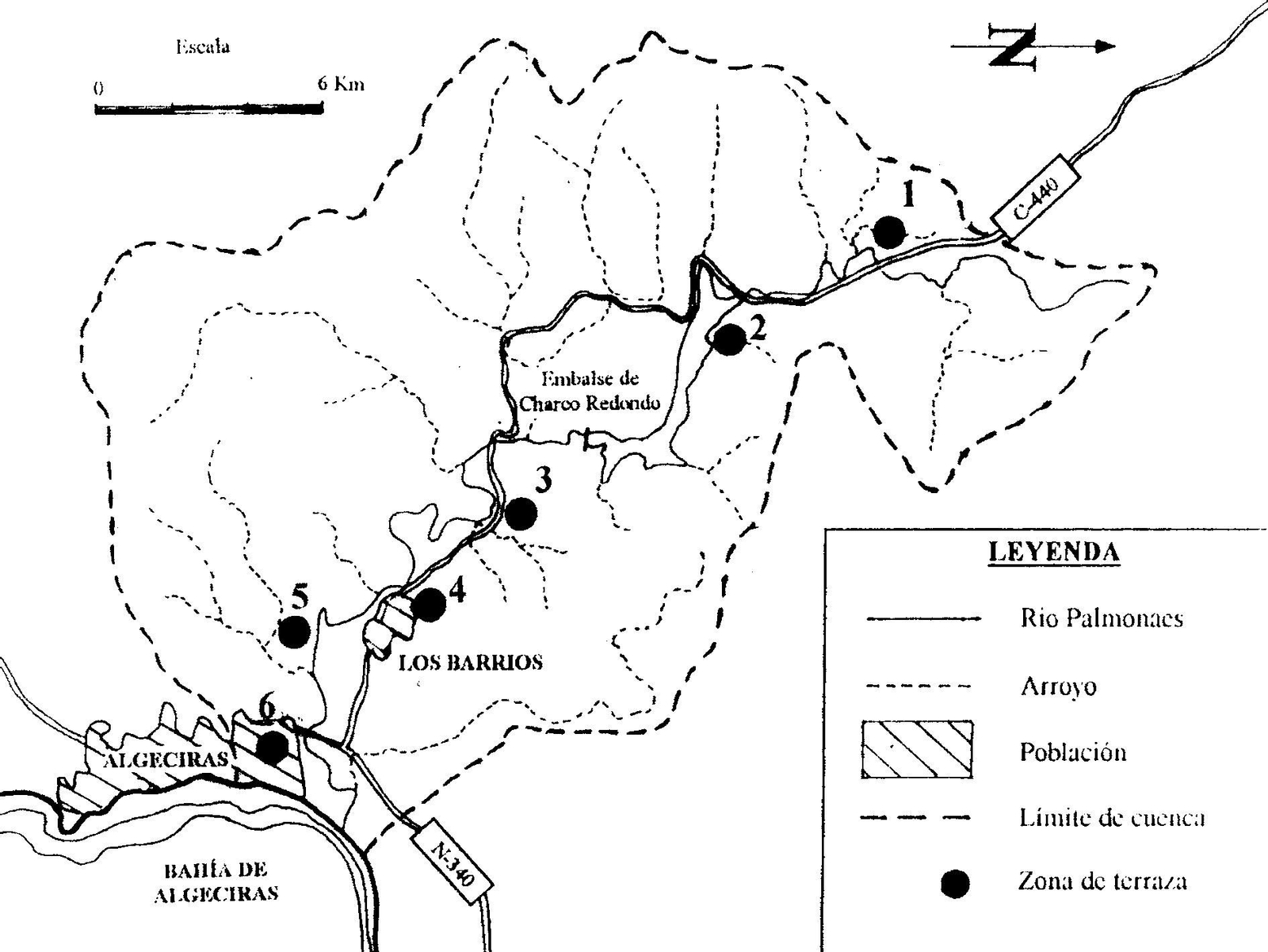 Zonas con terrazas en la cuenca del Río Palmones. 1. Las Navas de Gibraltar. 2. Cola del Embalse de Charco Redondo. 3. Venta el Frenazo-Majadillas. 4. Inmediaciones de la Villa de Los Barrios. 5. La Almoguera. 6. Desembocadura del Río Palmones.