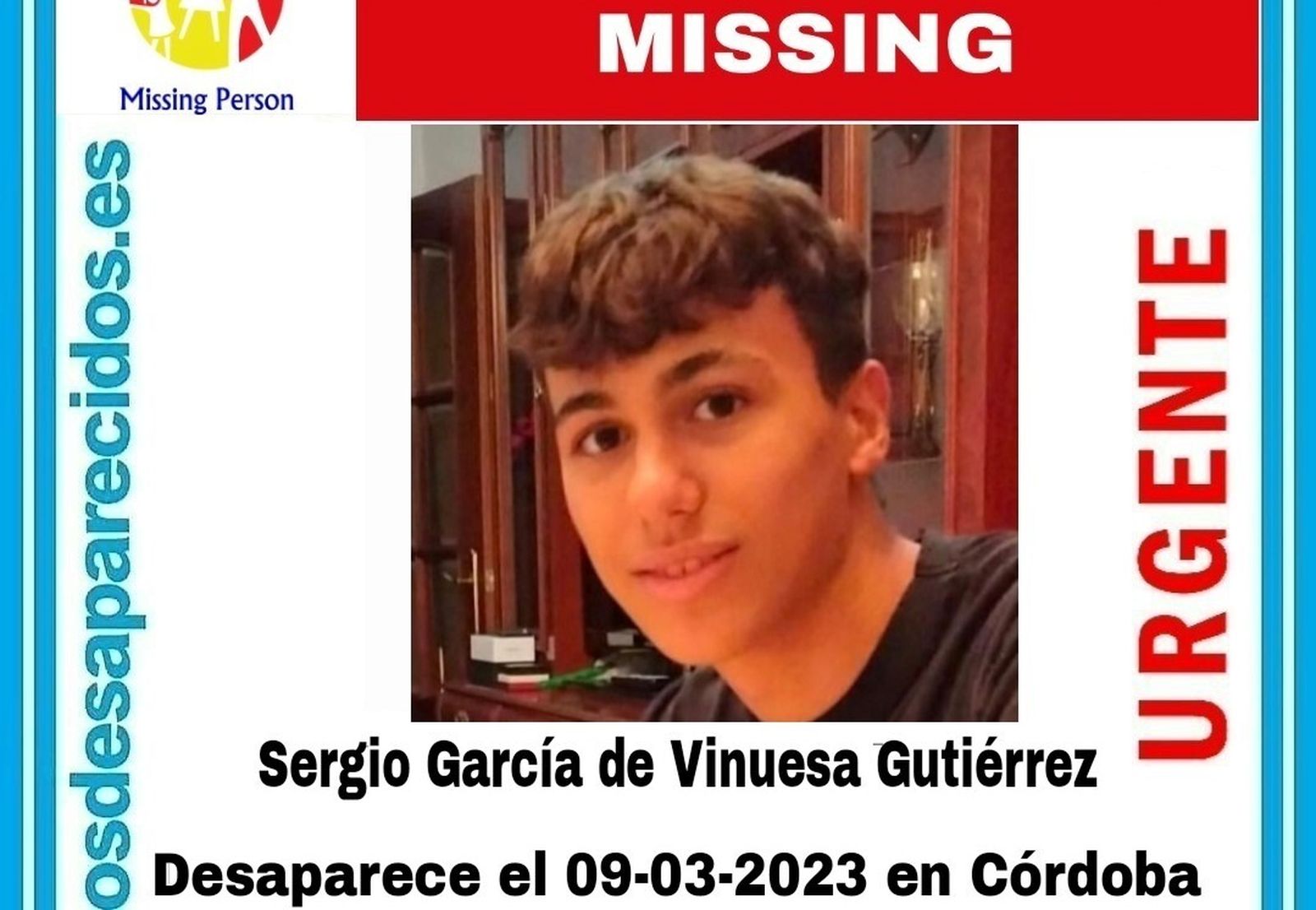 Cartel de SOS Desaparecidos con la alerta por Sergio García de Vinuesa.