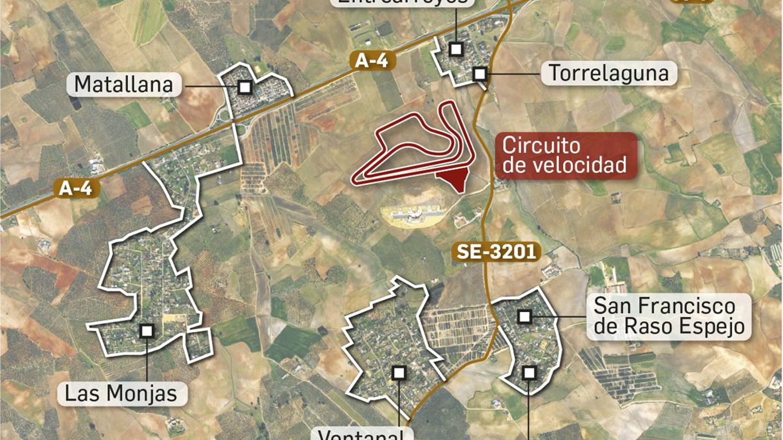 Localizador del circuito de velocidad proyectado en Carmona respecto a las urbanizaciones cercanas a él. Fuente: Junta de Andalucía.