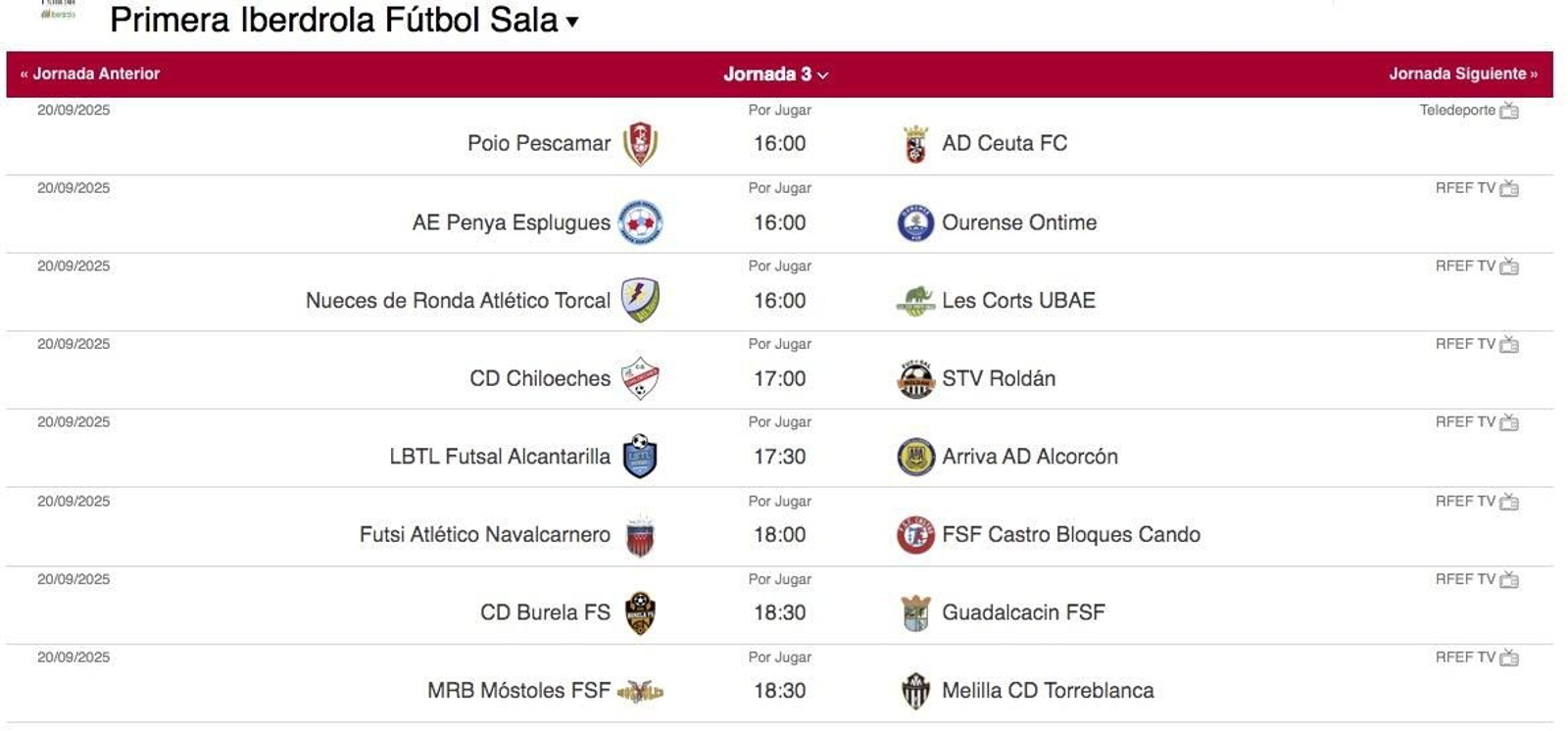 Horarios de la tercera jornada.