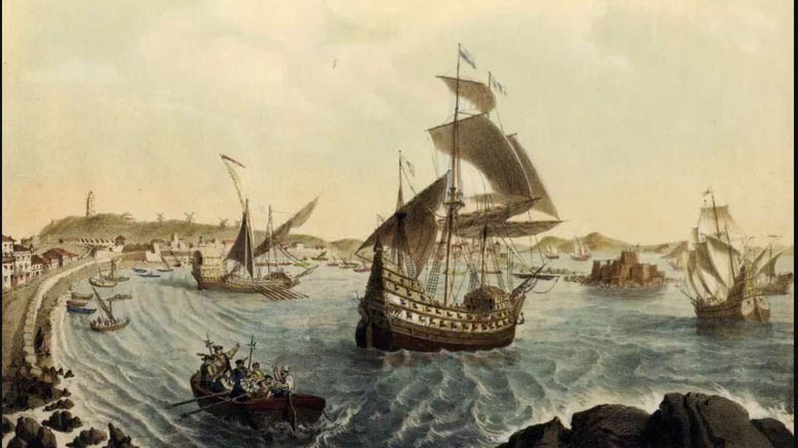 Cuadro en el que se representa la partida de la flota de Loaysa, compuesta por siete naves, el 24 de julio de 1525 desde La Coruña con rumbo al Moluco.