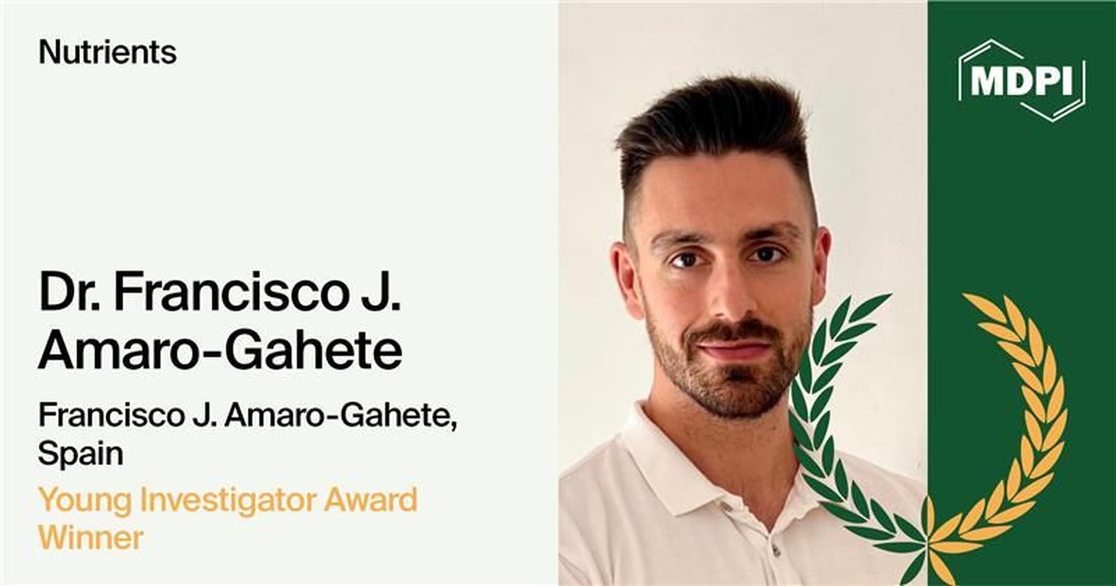 El profesor e investigador de la UGR Francisco J. Amaro, en la imagen emitida por la revista Nutrients para anunciar el premio Young Investigator Award.