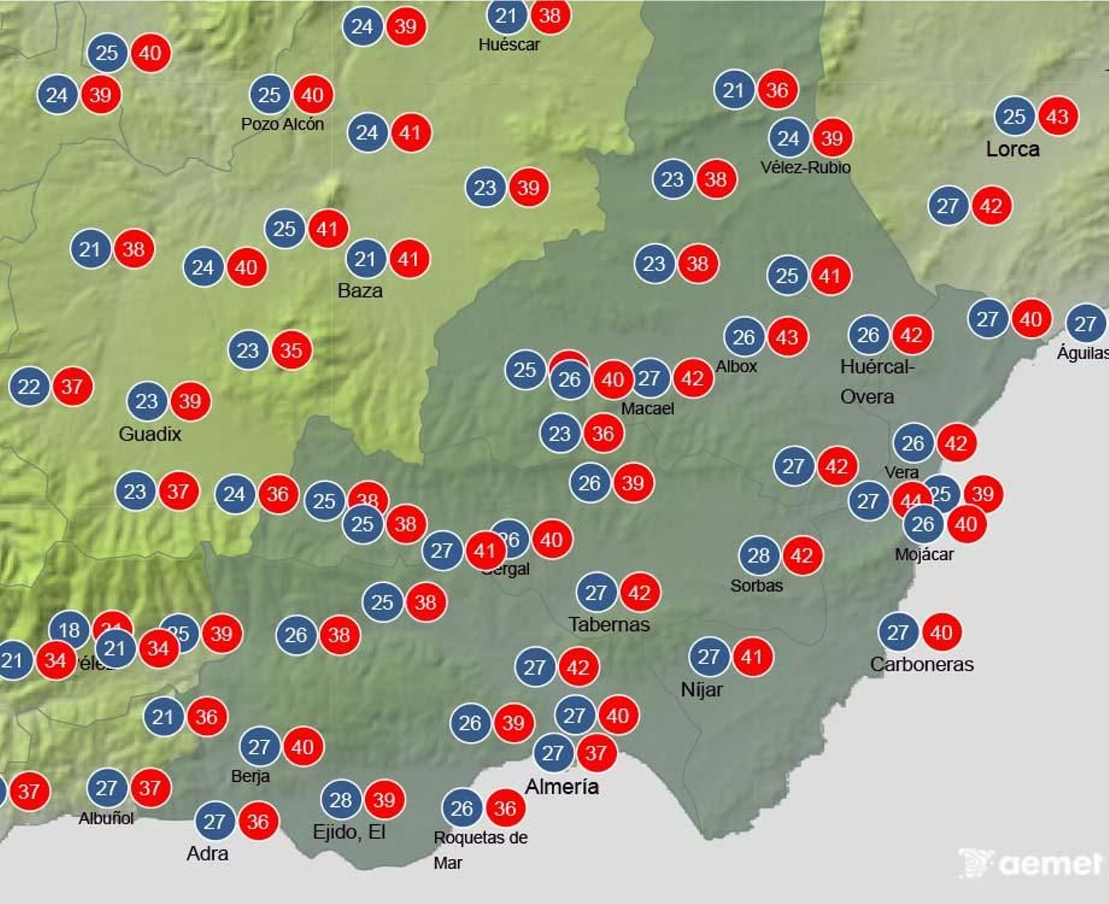 Temperaturas previstas para el lunes 18 de agosto en Almería.