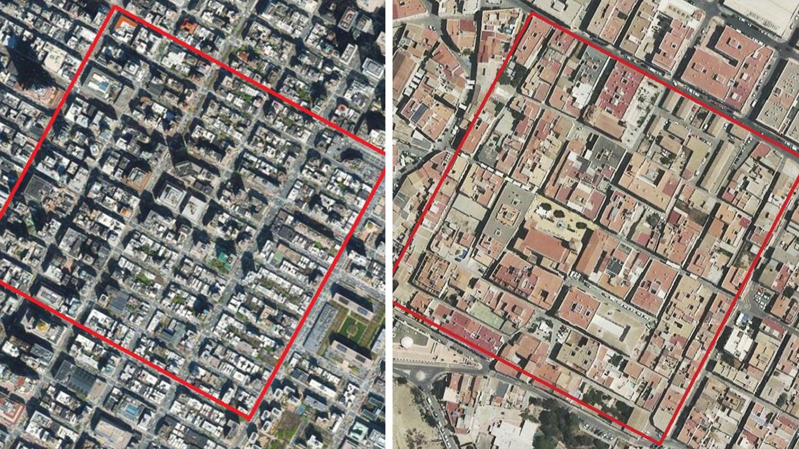 Ortofotografías de Manhattan (a la izquierda) y el casco histórico de Vera (derecha). Ortofotografías de Manhattan (a la izquierda) y el casco histórico de Vera (derecha).