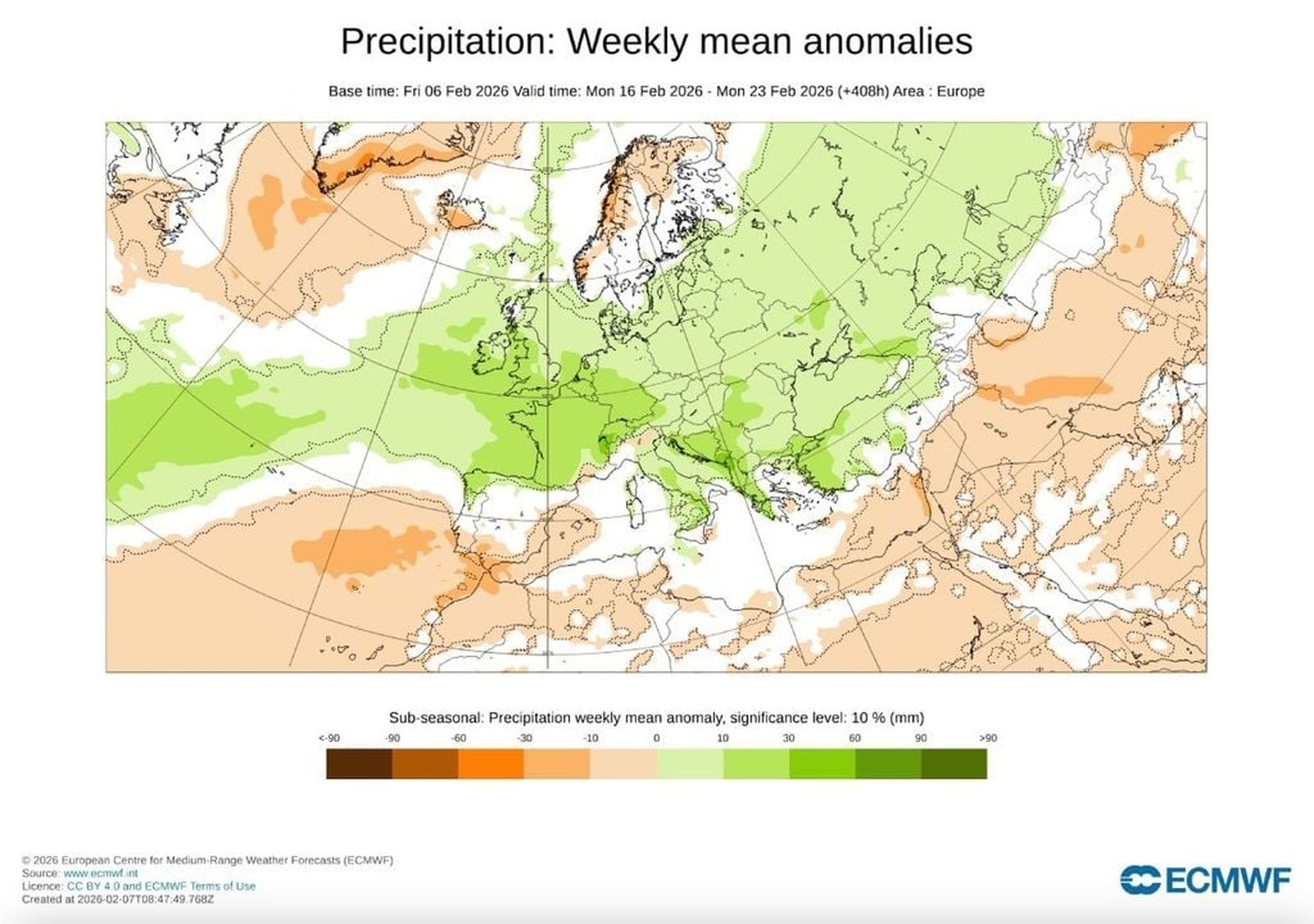 Anomalías de precipitación previstas entre el 16 y 23 de febrero: punto final al episodio húmedo en el sur peninsular.