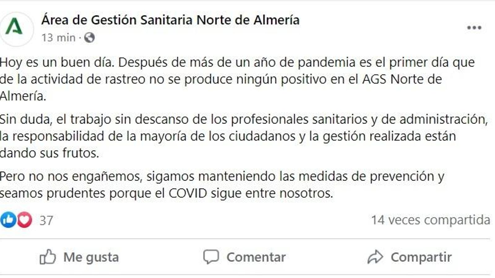 Publicación en Facebook del Área de Gestión Sanitaria Norte.