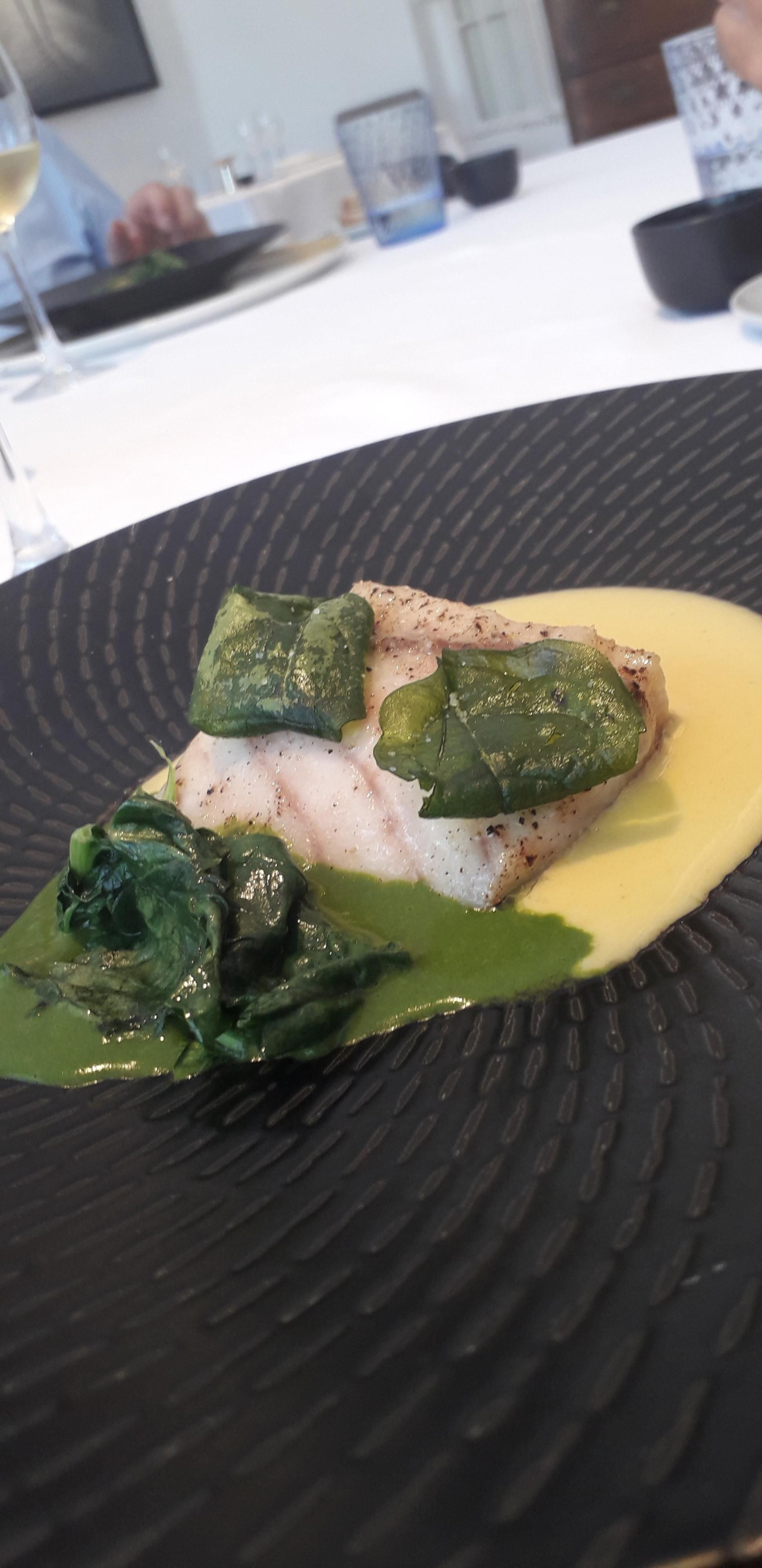 Corvina salvaje, esencia de espinacas y su beurre blanc de ají y jengibre.